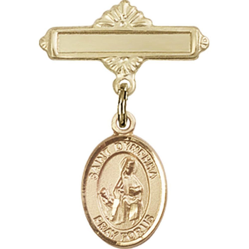 St. Dymphna Gold Filled Baby Badge Charm - 1 X 5/8 Inch Polished Pin for Jewelry Making, Keepsakes & Religious Gifts - Perfect for Baptisms, First Communions & Baby Blessings
