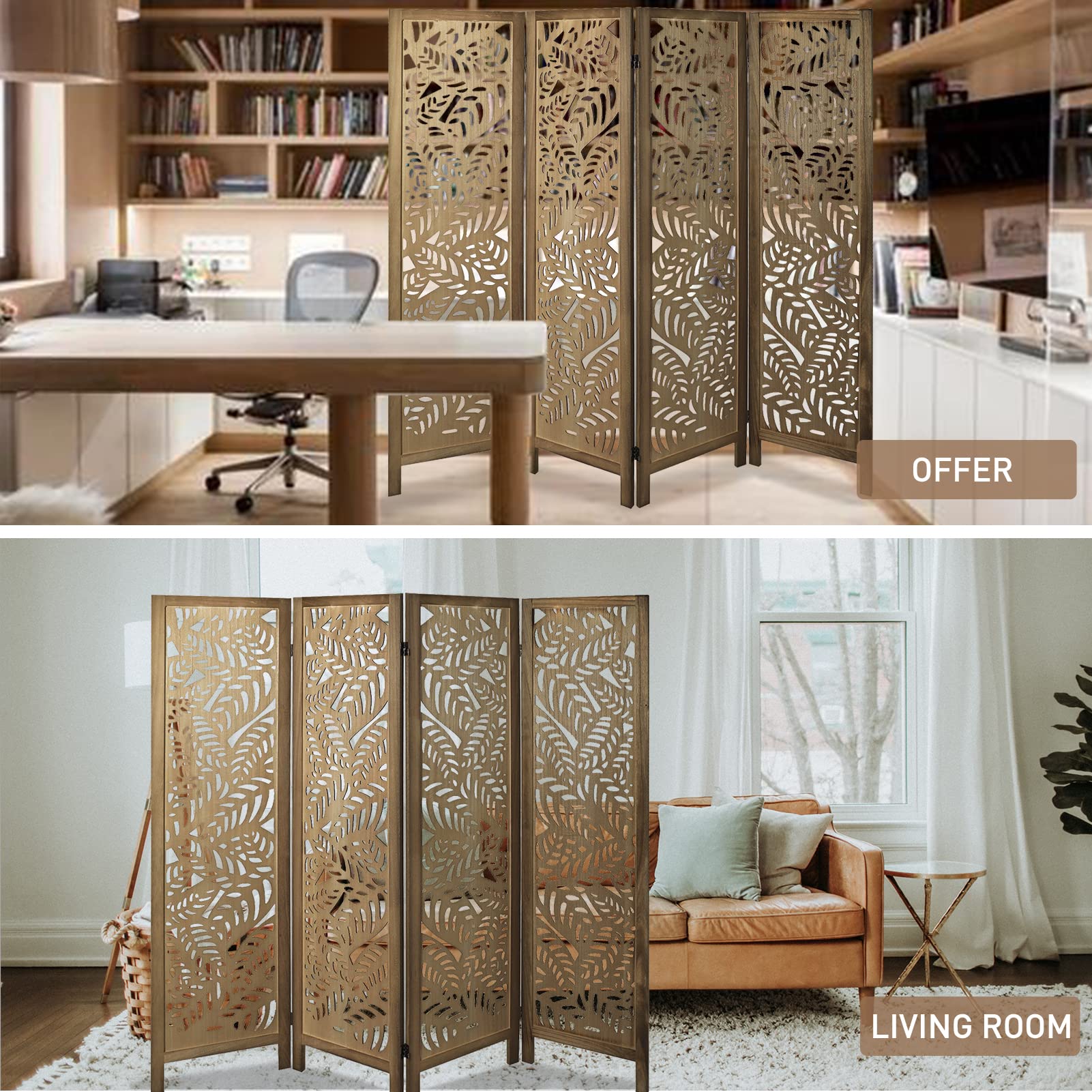 Babion 4-Panel Wooden Room Divider Screen - 5.6ft Tall Folding Partition with Exquisite Carvings - Modern Brown Bedroom Divider for Privacy & Space Separation | Perfect for Studios, Apartments, Offices & Home Decor