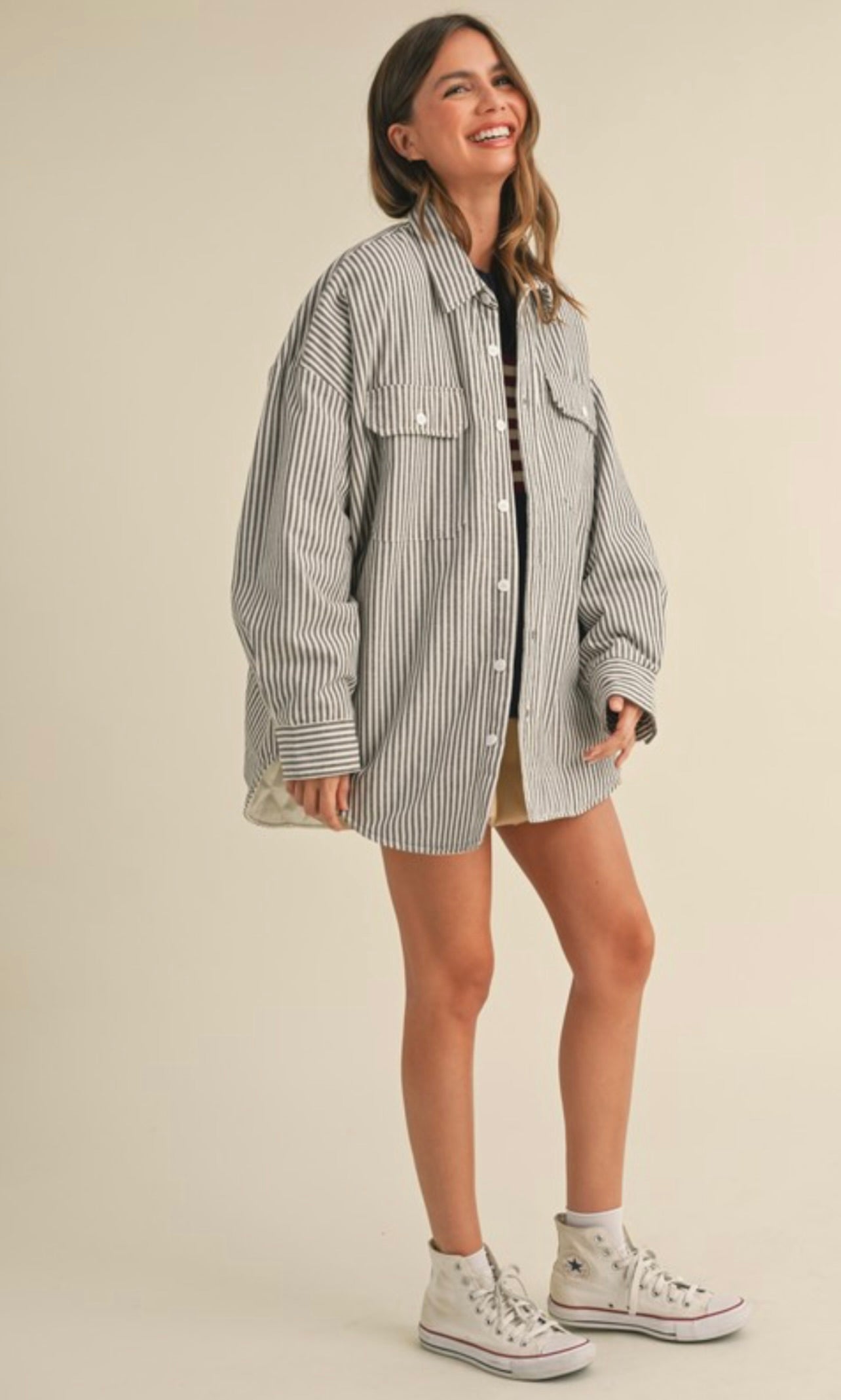 Brown Striped Padded Oversized Shacket for Women - Cozy Winter Layering & Casual Outfit Essential