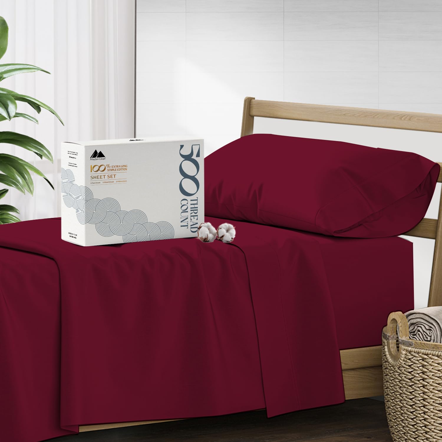Mayfair Linen 500 Thread Count Twin XL Cotton Sheet Set - 3 Piece Cooling Sateen Bed Sheets (Burgundy) | Hotel Quality Deep Pocket Fits 18
