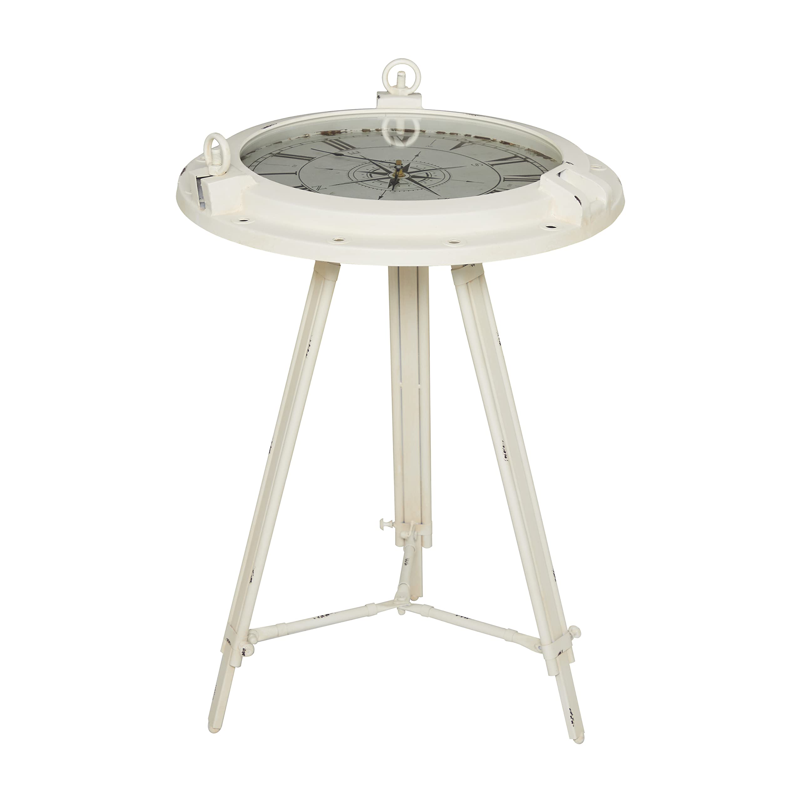 Deco 79 Modern White Metal Compass Side Table with Clock & Clear Glass Top - 19