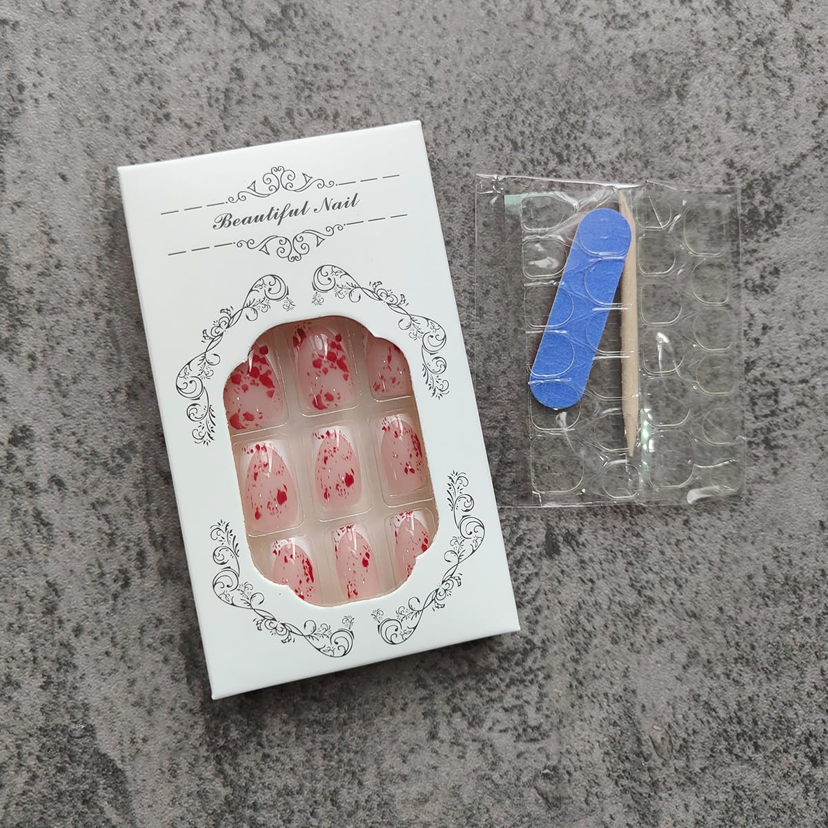24pcs Horror Gothic Press on Nails - Short Square French Tip Fake Nails with Bleeding Acrylic Designs for Halloween | Full Cover Glue on Nails for Women | Perfect for Costume Parties, Cosplay & Spooky Events