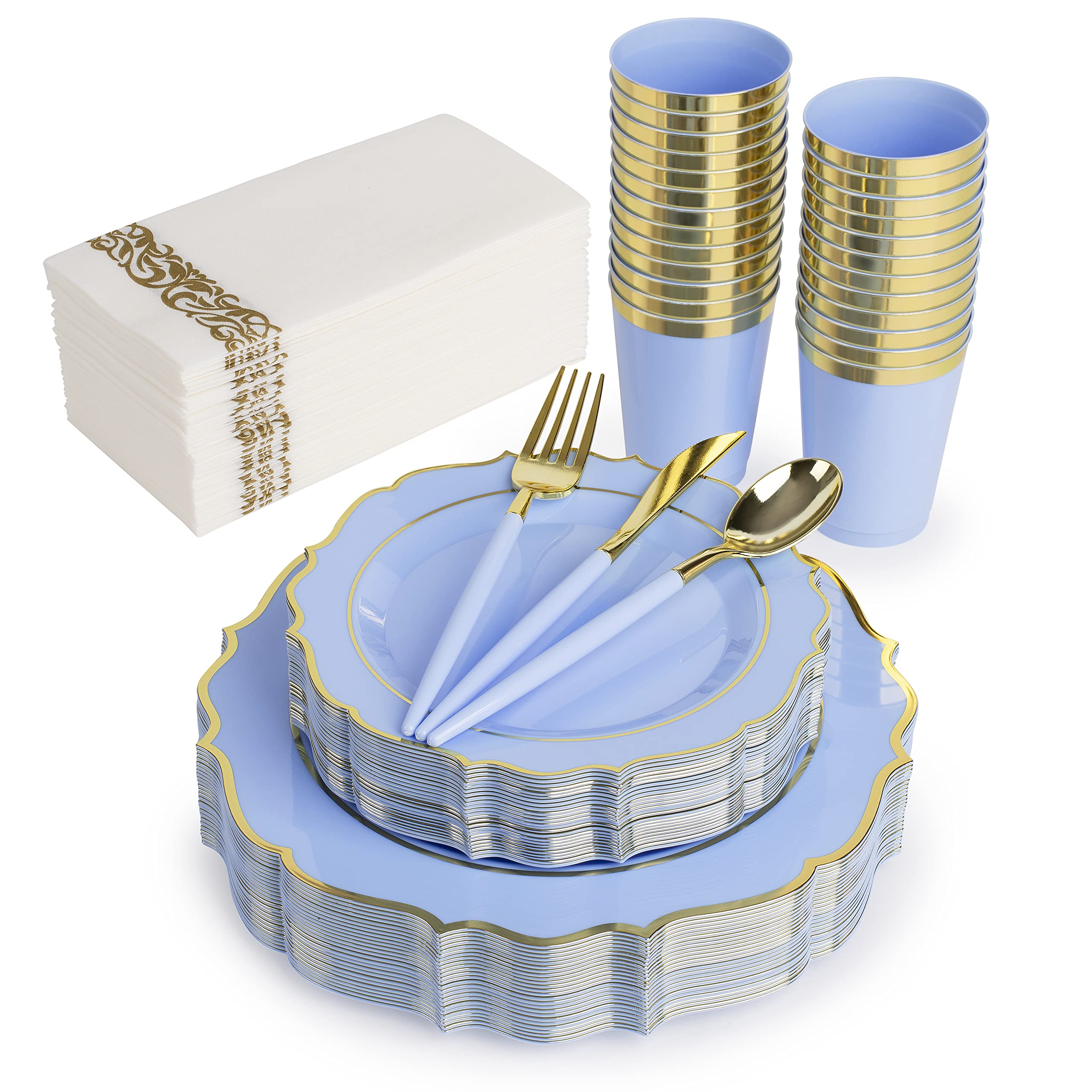 175-Piece Premium Blue Plastic Tableware Set - 25 Light Blue Plates, 25 Dessert Plates, 25 Cups, 15 Forks, 25 Knives, 25 Spoons, 25 Napkins - Perfect for Baby Showers, Birthday Parties, Picnics & Outdoor Events