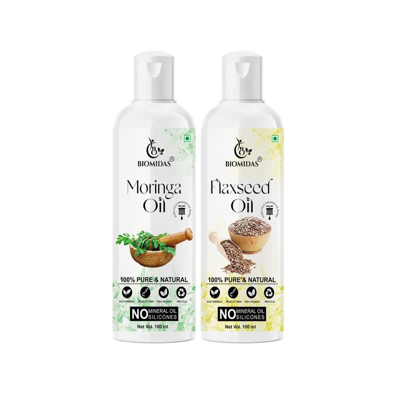 Biomidas 100% Pure Moringa Oil & Flaxseed Oil Combo (100ML Each) - Promotes Hair Growth, Reduces Hair Fall, Repairs Split Ends for Soft & Shiny Hair - Natural Hair Care Solution for Dry & Damaged Hair - Perfect for Daily Hair Treatment & Scalp Massage