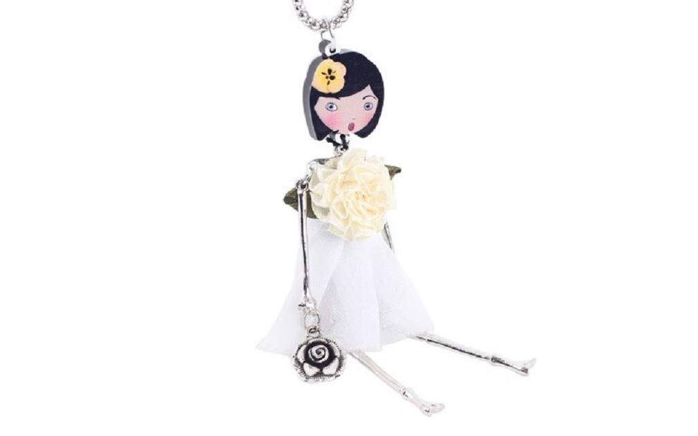 Enamel Cute French Doll Necklace with Fabric Dress Pendant - Vintage Charm Jewelry for Women & Girls (White Dress) - Perfect Gift for Birthday, Valentine's Day & Special Occasions