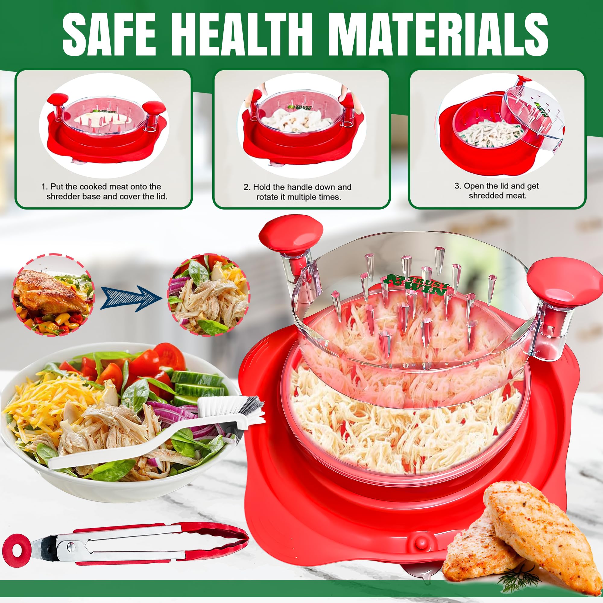 Premium Chicken Shredder Tool with Suction Cups - Heavy Duty Meat Shredder for Large Chicken Breasts | Anti-Slip Base & Detachable Tray | Clear Lid & Ergonomic Handle | Perfect for Meal Prep, BBQ, and Home Cooking | Essential Kitchen Gadget