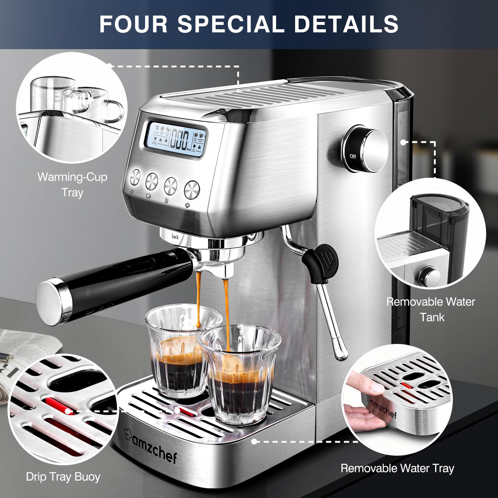 AMZCHEF 20 Bar Espresso Machine with Milk Frother, LCD Display & Adjustable Temperature - Compact Cappuccino Maker for Home, Office Use - Perfect Coffee Gift for Friends & Family (Ideal for Morning Brews, Entertaining Guests & Small Spaces)