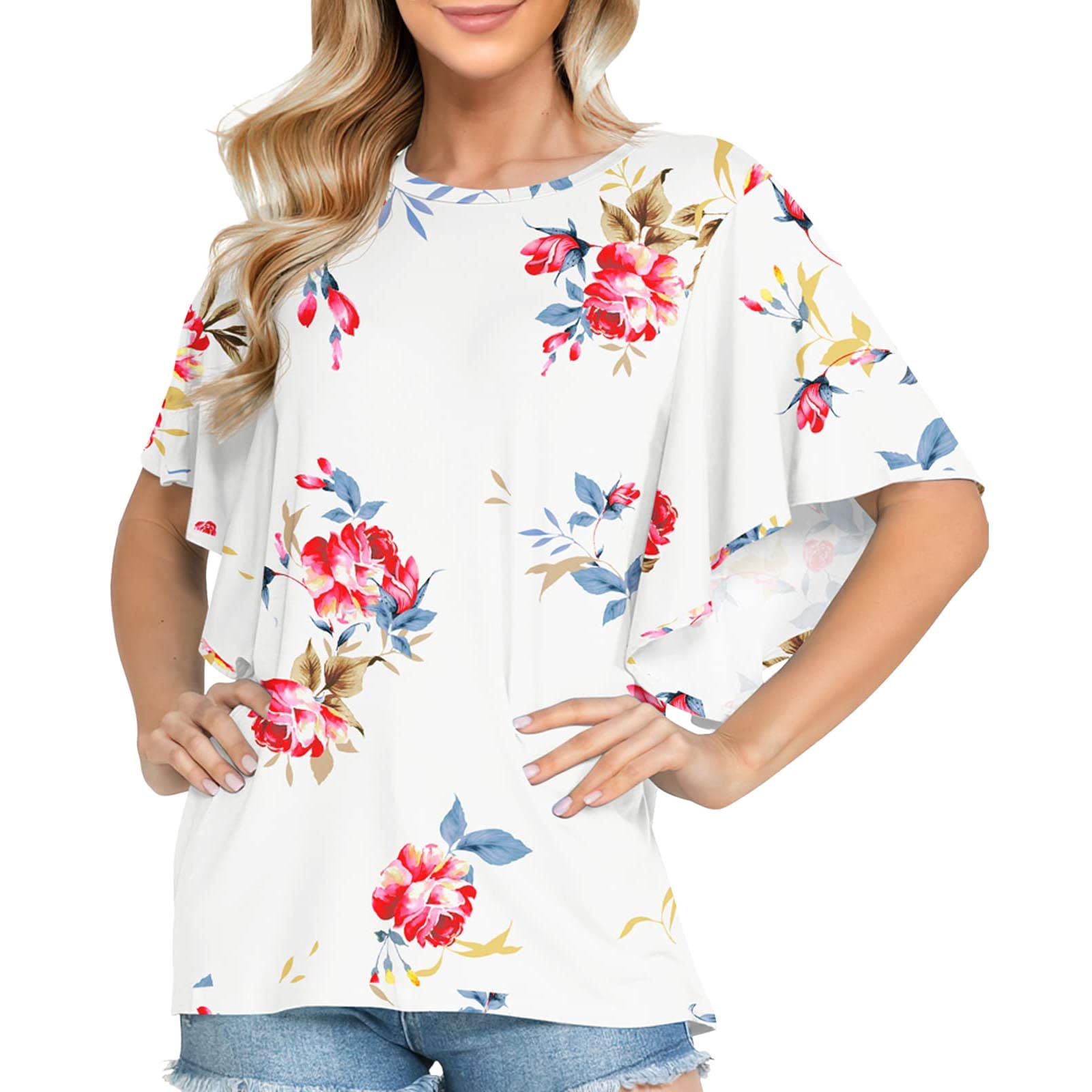 2023 Women's Summer Tops - Elegant Casual Short Sleeve Blouse with Ruffled O-Neck & Loose Fit Tunic Shirt for Work, Office & Vacation | Breathable Comfort for Hot Weather