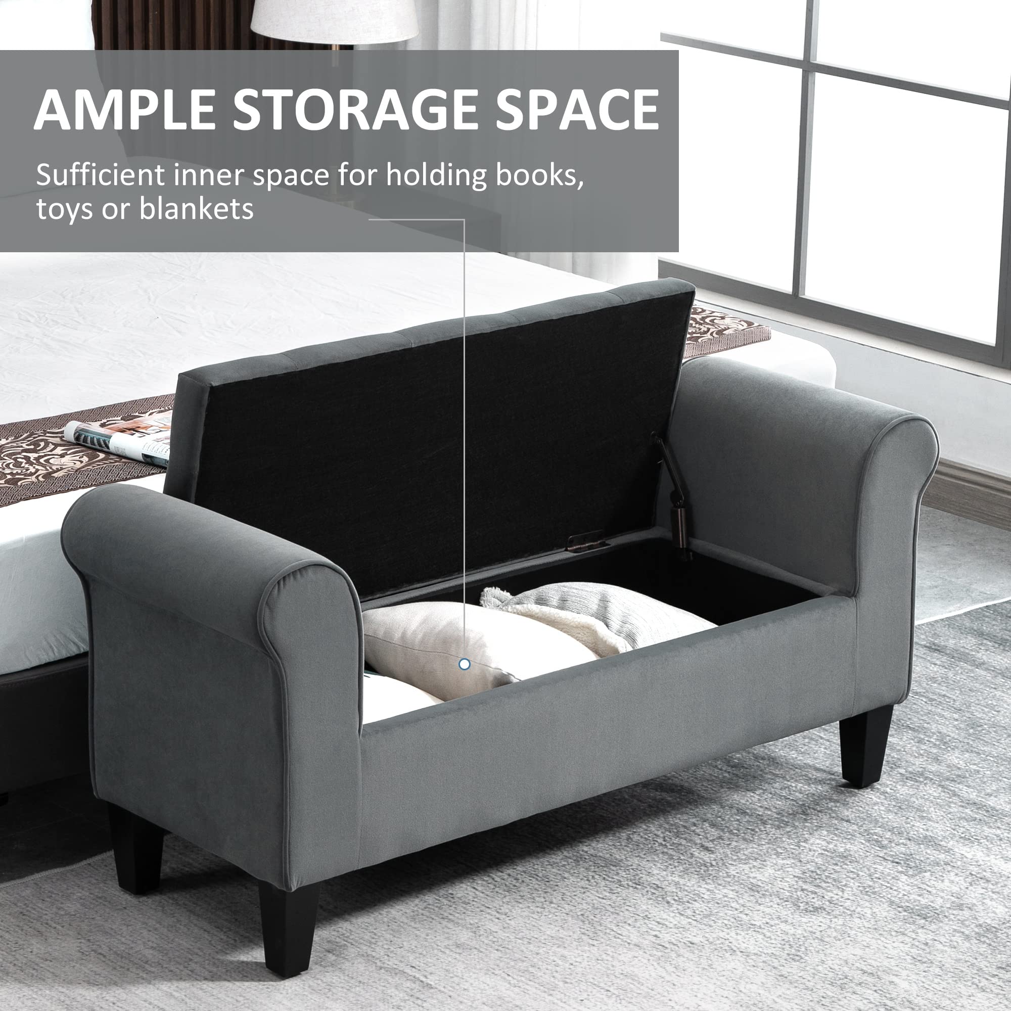 HOMCOM Button-Tufted Storage Ottoman Bench with Rolled Armrests - Upholstered Gray Footrest Seat for Living Room, Bedroom or Hallway - Perfect for Extra Seating & Hidden Storage