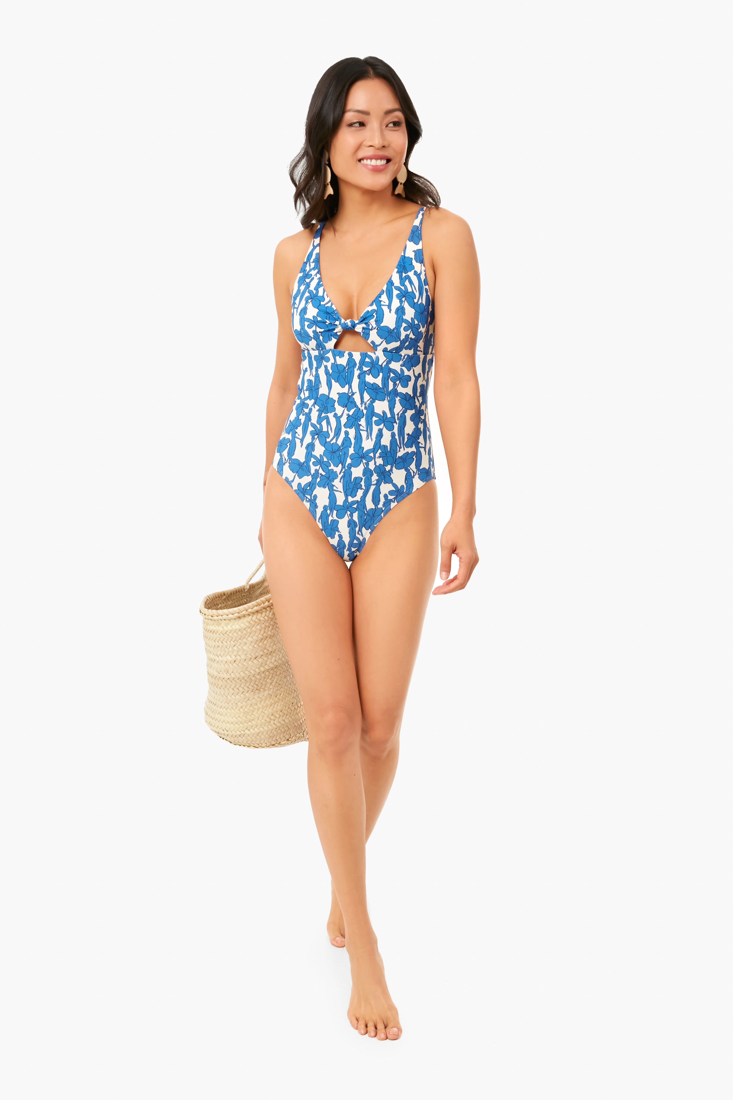 Blue Hibiscus Printed Knot One Piece Swimsuit - Stylish & Comfortable for Beach, Pool & Summer Vacations