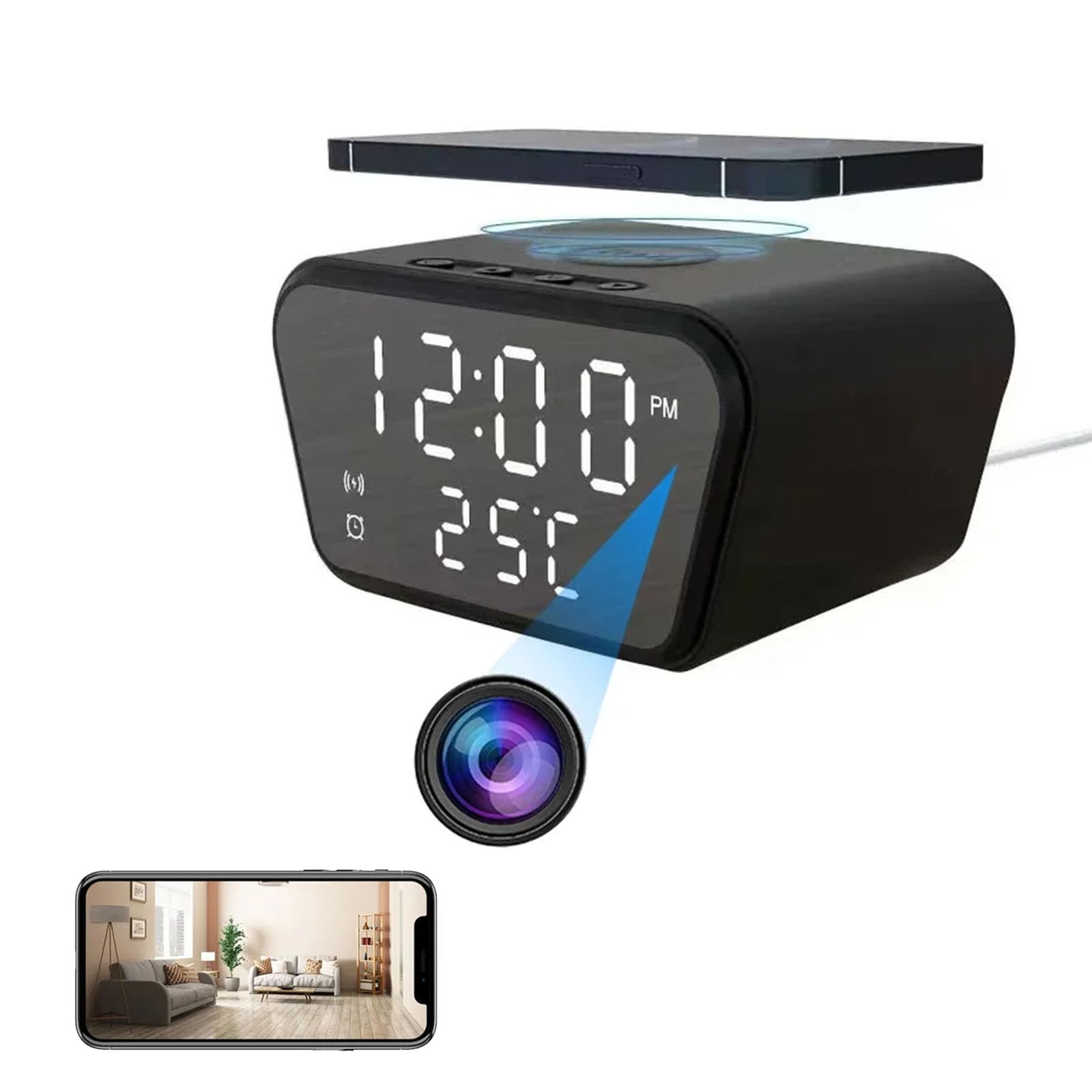 FKINGLRK Multifunctional LED Digital Alarm Clock with Wireless Charger & 1080P Hidden Camera - Temperature Display, Night Vision, Motion Detection - Perfect for Home Security, Office Monitoring and Bedroom Alarm Clock