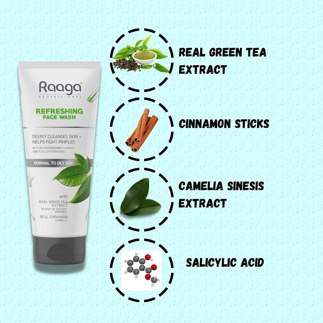 Raaga Professional Refreshing Face Wash with Green Tea & Cinnamon Extract - Deep Cleansing for Normal to Oily Skin, Fights Acne & Pimples (80ml) | Daily Skincare Routine for Clear, Healthy Skin