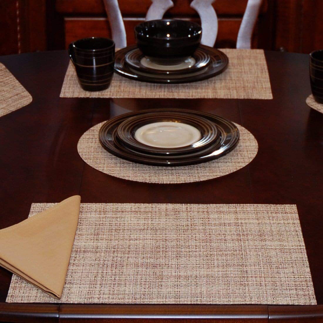 Sweet Pea Linens Brown/Tan Wipe Clean Rectangle Placemats - Set of 2, Durable & Washable Table Mats for Dining Room, Kitchen, or Party Decor