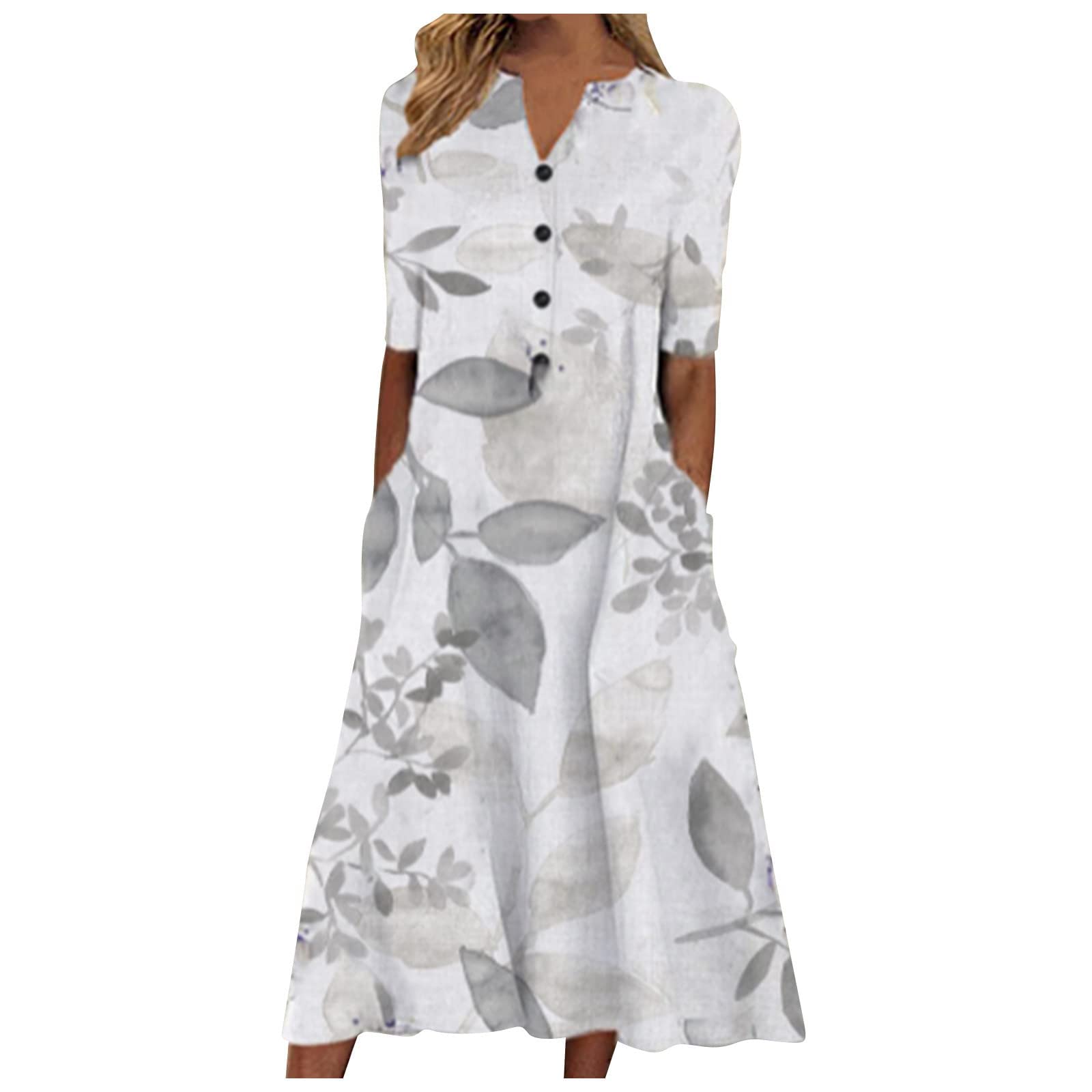 Women's Cotton Linen Summer Dress - Casual Short Sleeve Floral Print Boho Maxi Dress with Pockets | Perfect for Beach Vacations, Outdoor Parties & Everyday Wear