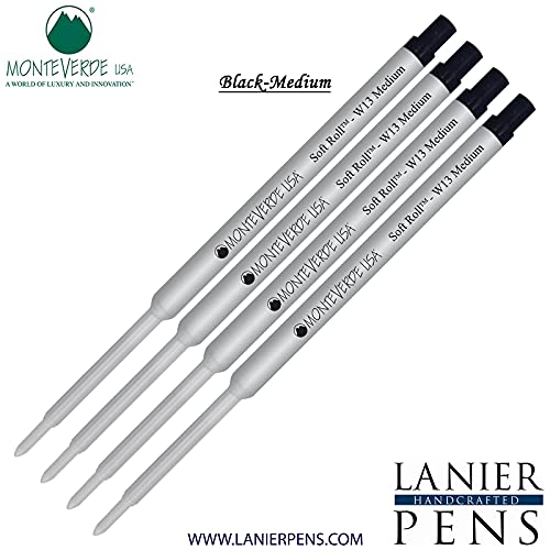 Monteverde Soft Roll Ballpoint Ink Refills 4-Pack - W13 Paste Ink Refill Compatible with Waterman Style Pens - Black Medium Tip 0.7mm - Perfect for Office, School & Everyday Writing Needs
