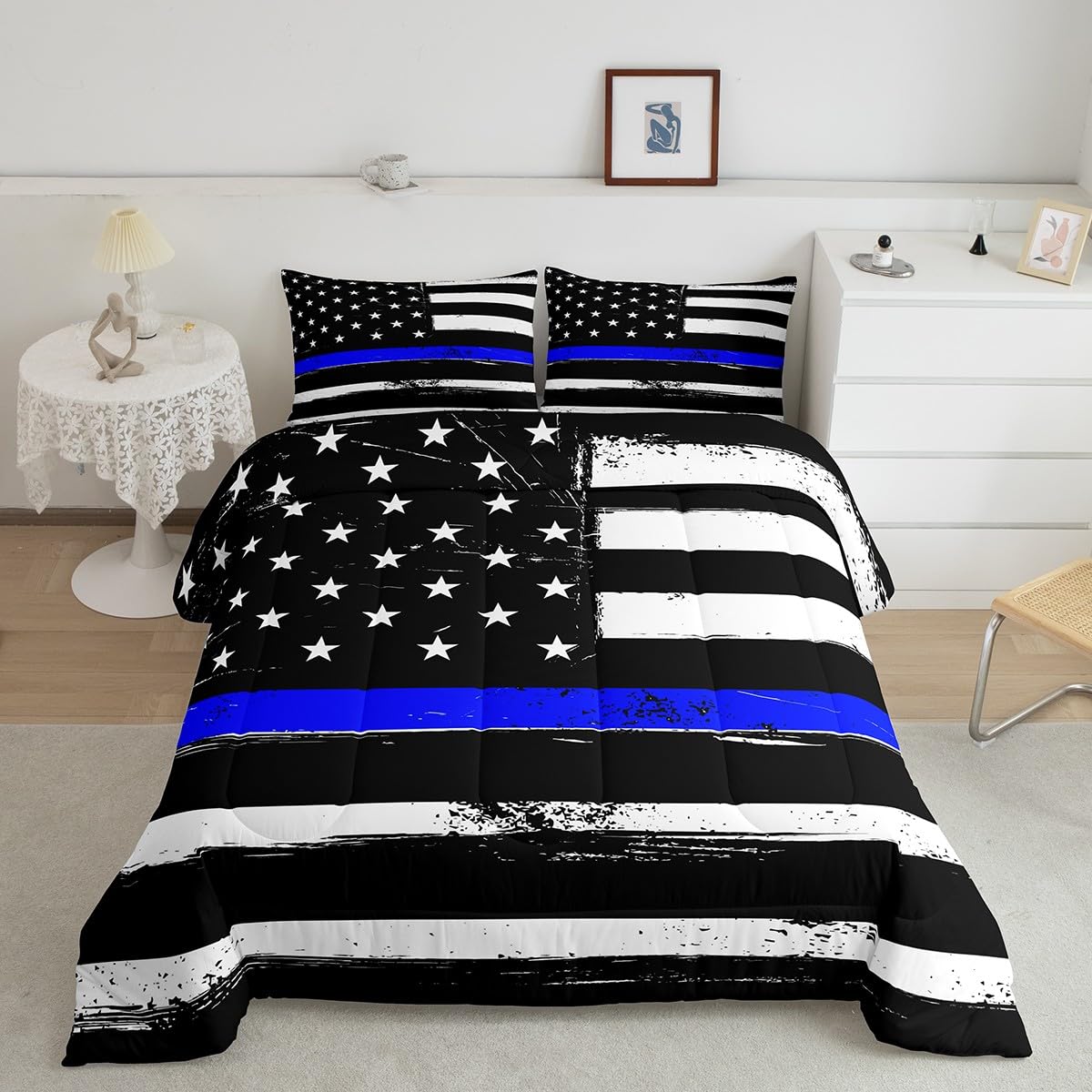 USA Flag Comforter Set - Blue Black White American Flag Bedding - Queen Size Down Alternative Comforter with Geometric Stripe Design for Boys & Girls Room Decor - Perfect for Independence Day Celebrations, Patriotic Bedroom Themes, and Kids' American Pride Decorations