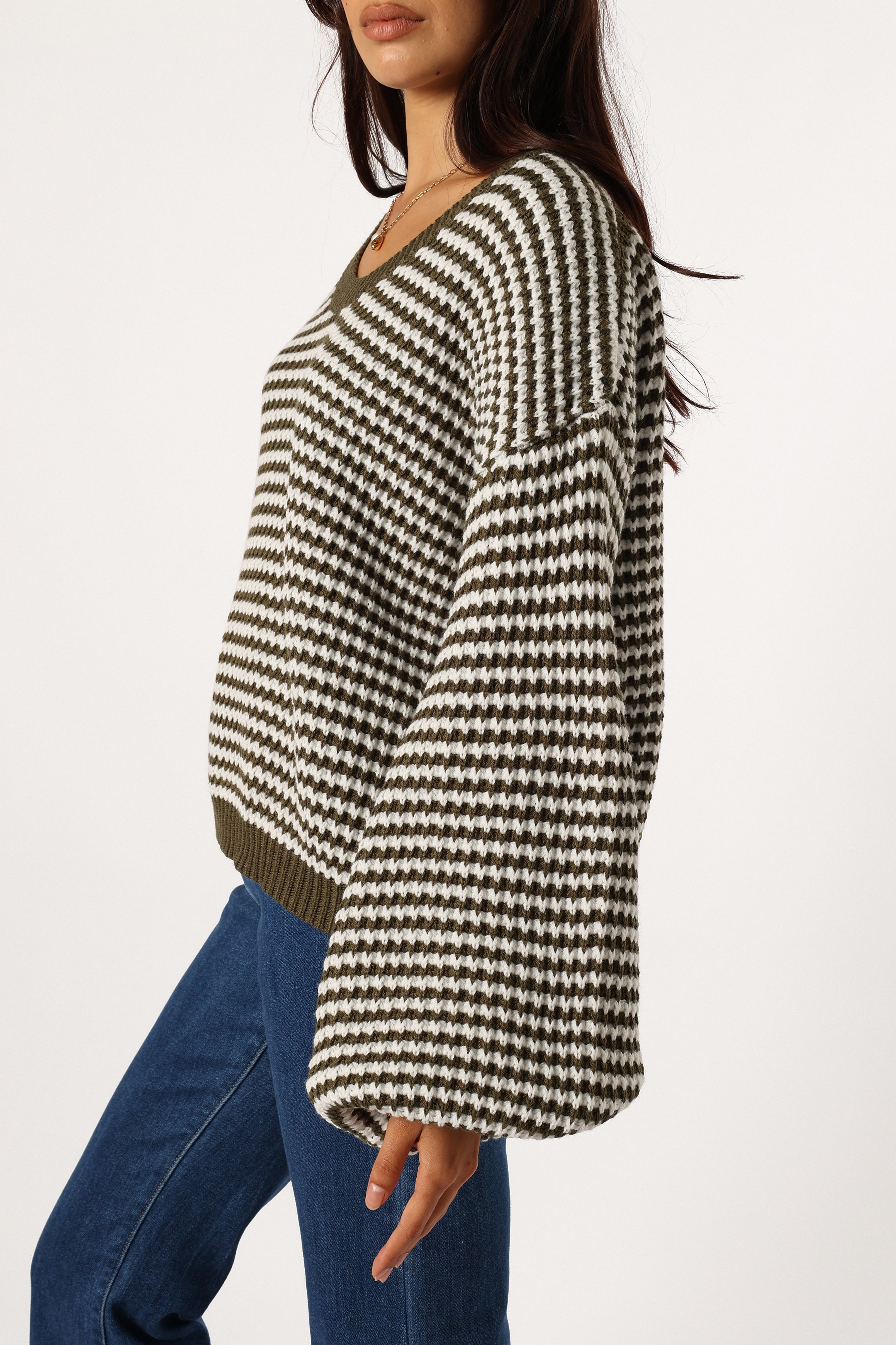 Becca Crewneck Waffle Stitch Stripe Knit Sweater for Women | Olive Green Casual Pullover | Perfect for Fall & Winter Outfits, Coffee Dates and Weekend Errands