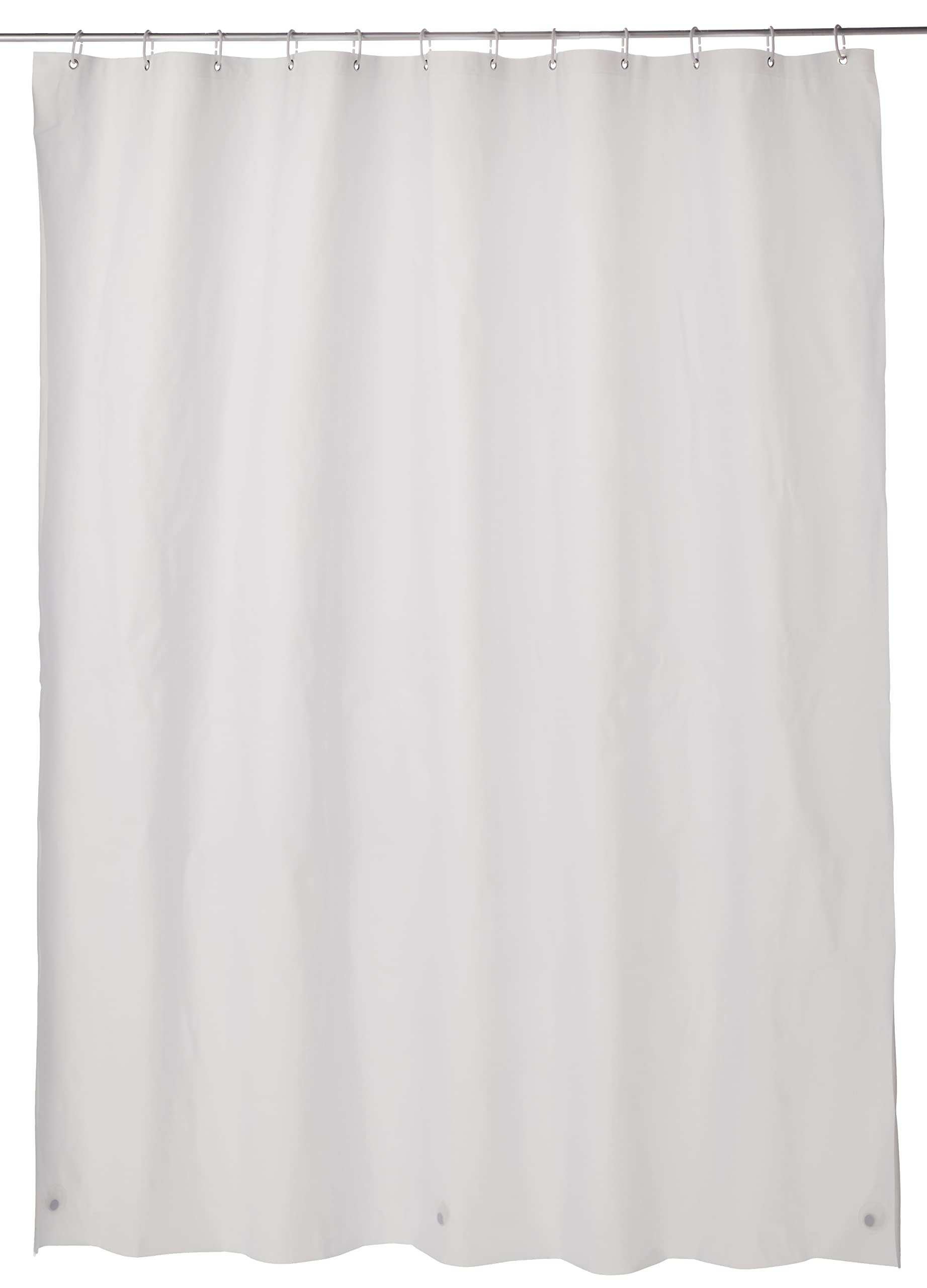 Amazon Basics Water Resistant 8-Gauge PEVA Shower Curtain Liner with Bottom Magnets & Plastic Hooks - 72x72 Inches, White - Perfect for Bathrooms, Showers & Bathtubs