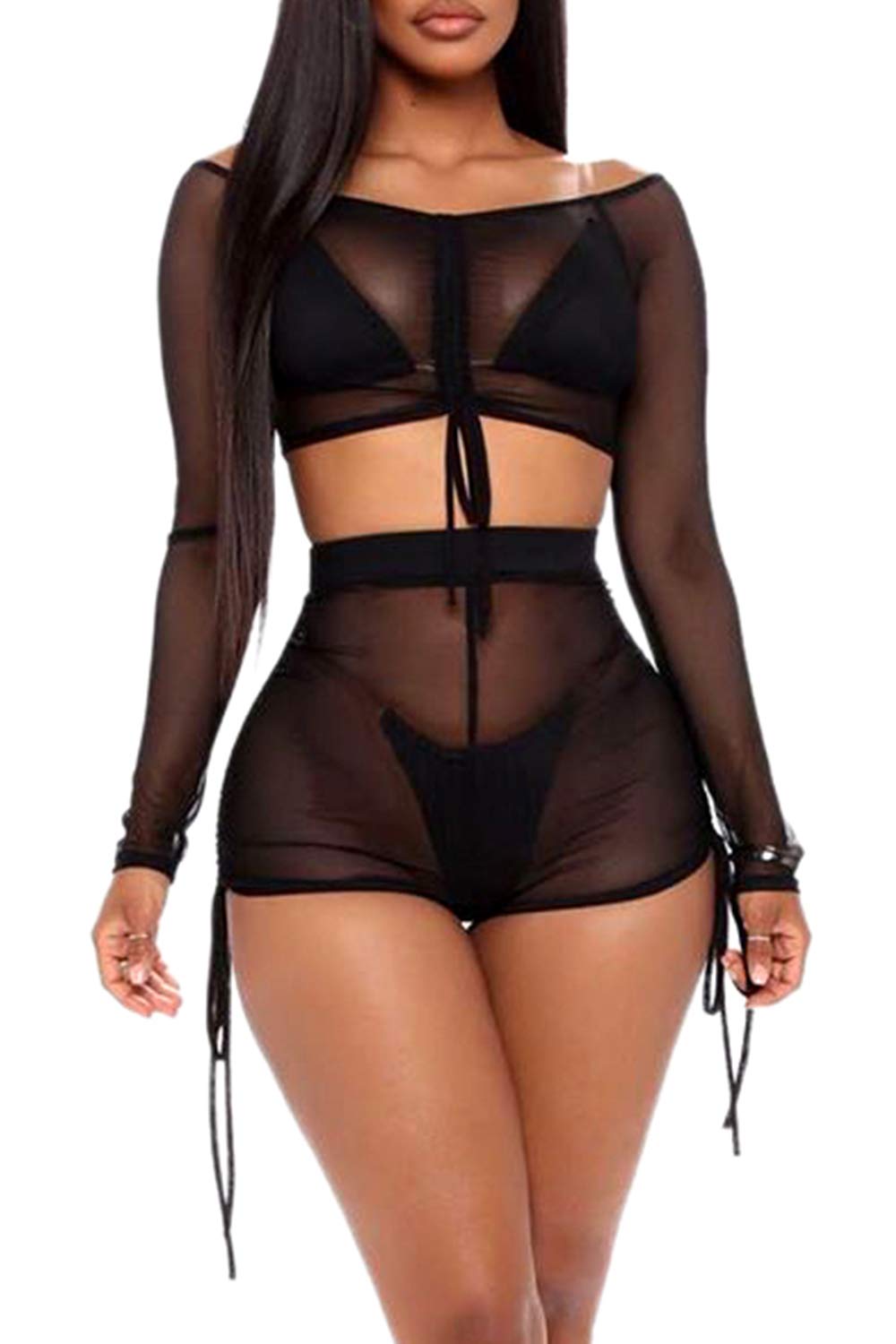 Women's Ruched Mesh Cover Up Sets - Sheer 2 Piece Outfits with Crop Top & Shorts | Beachwear, Pool Party, Summer Vacation Outfits