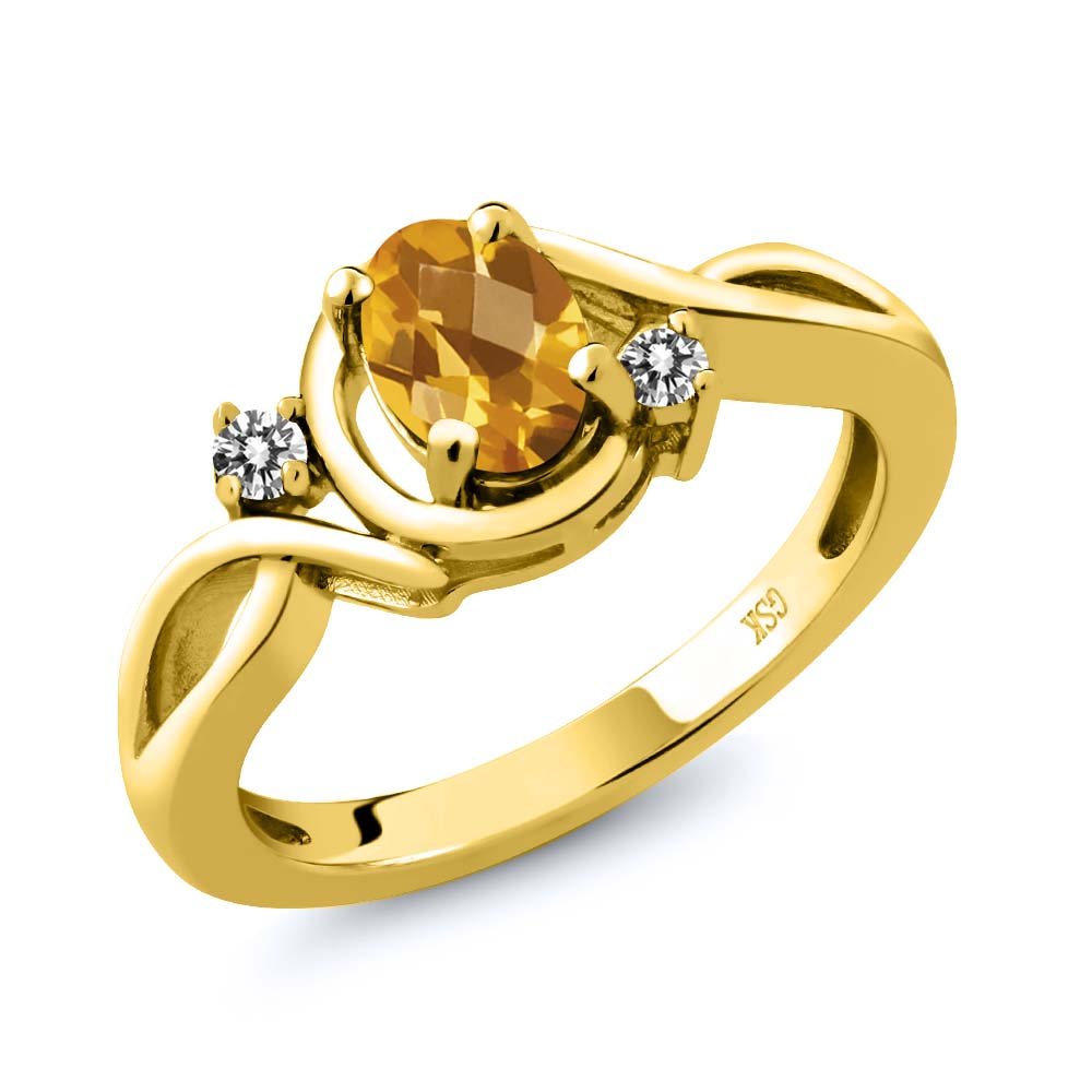 0.77 Ct Oval Checkerboard Yellow Citrine & White Diamond 18K Gold Plated Silver Ring for Women - Elegant Jewelry Gift for Birthday, Anniversary & Special Occasions