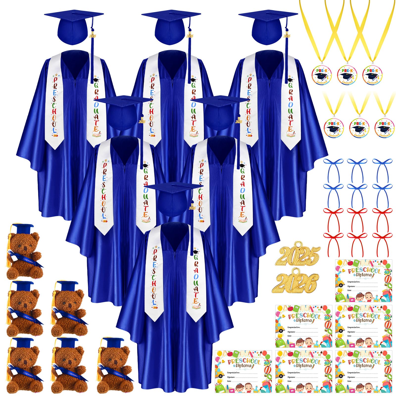 60 Pcs Preschool & Kindergarten Graduation Cap and Gown Set with 2025 Tassel, Stole, Certificate & Medal Bear - Complete Graduation Kit for Kids - Perfect for Ceremonies, Photo Shoots & School Events