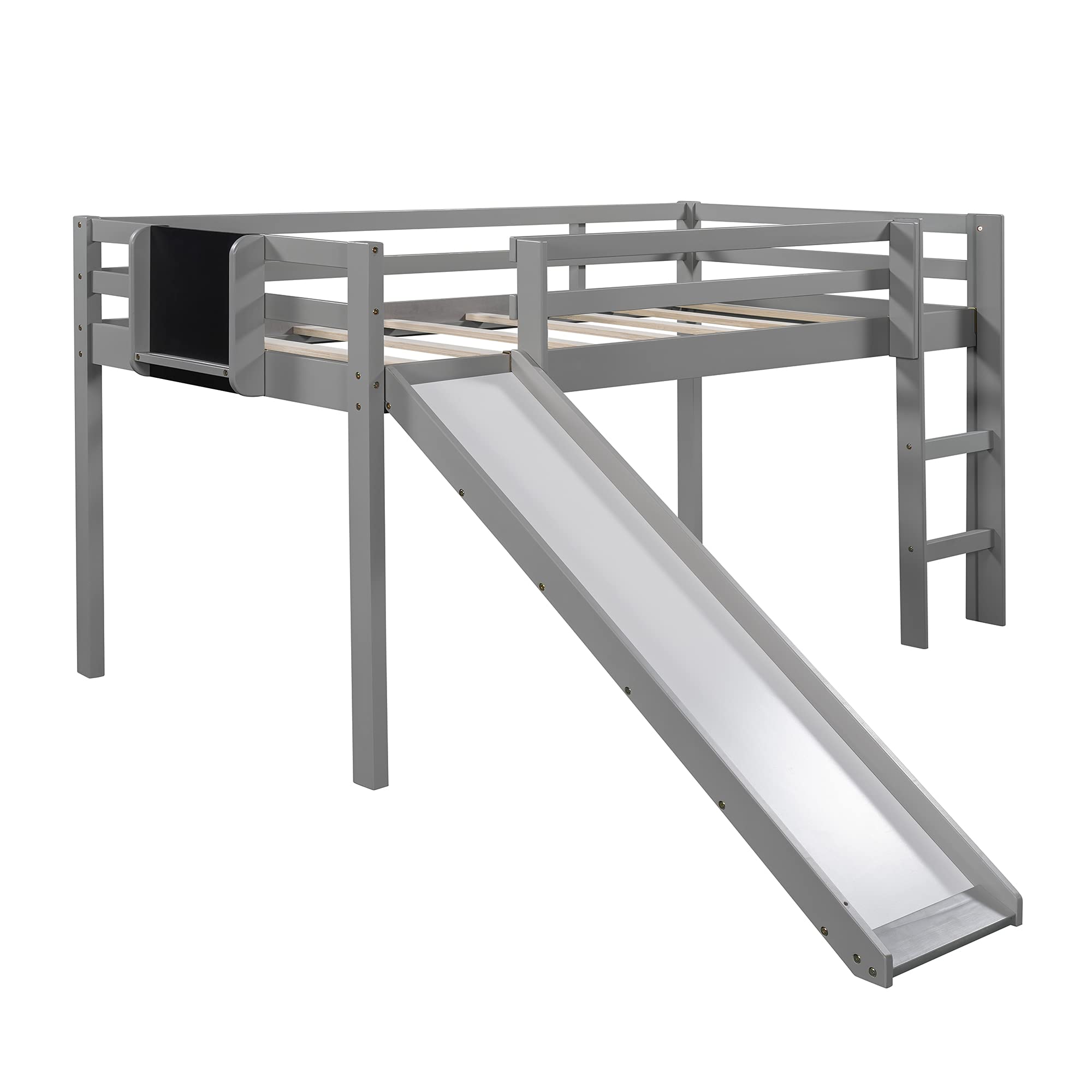 P PURLOVE Twin Loft Bed with Slide - Sturdy Wooden Loft Bed Frame with Ladder & Chalkboard for Kids, Teens, Boys & Girls - No Box Spring Required (Gray) - Perfect for Small Bedrooms, Playrooms & Dorm Rooms