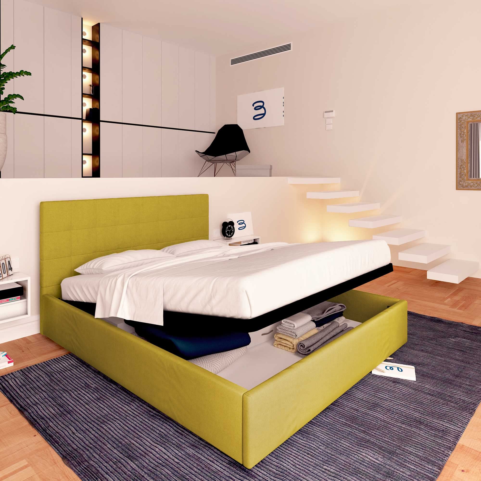 Baldiflex Dublin Fabric Double Bed Frame with Slatted Base and Storage, 160x200cm, Elegant Mustard Headboard - Perfect for Small Bedrooms, Guest Rooms & Modern Apartments