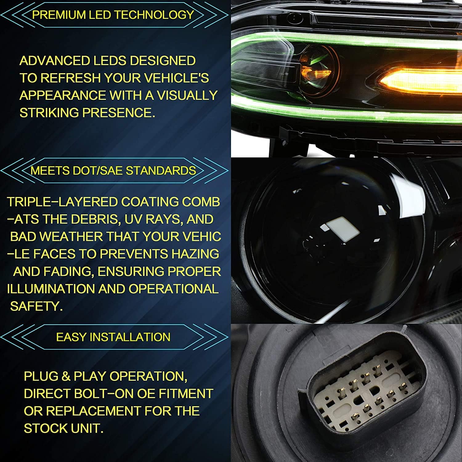 VLAND LED Headlight Assembly for Dodge Charger 2015-2020 - Multicolor DRL, Dual Beam Lens, Turn Signal, Plug & Play - Perfect for Night Driving & Car Upgrades (Not for Xenon/2021 Models)