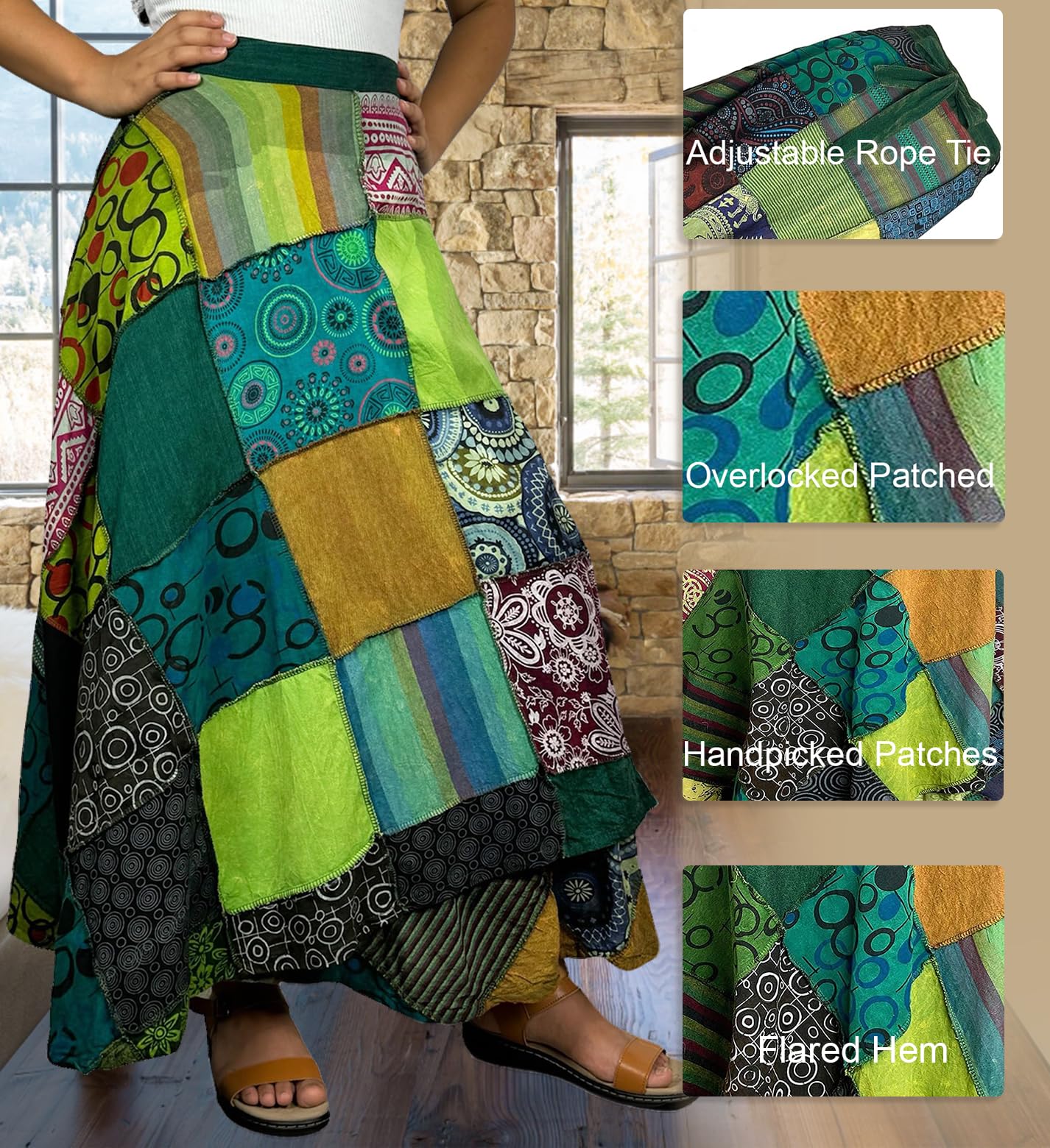 Agan Traders Women's 2025 Spring & Fall Bohemian Maxi Skirt - High Waisted Patchwork Wrap Long Skirt with Tie Up, Perfect for Beach, Music Festivals & Boho Chic Outfits