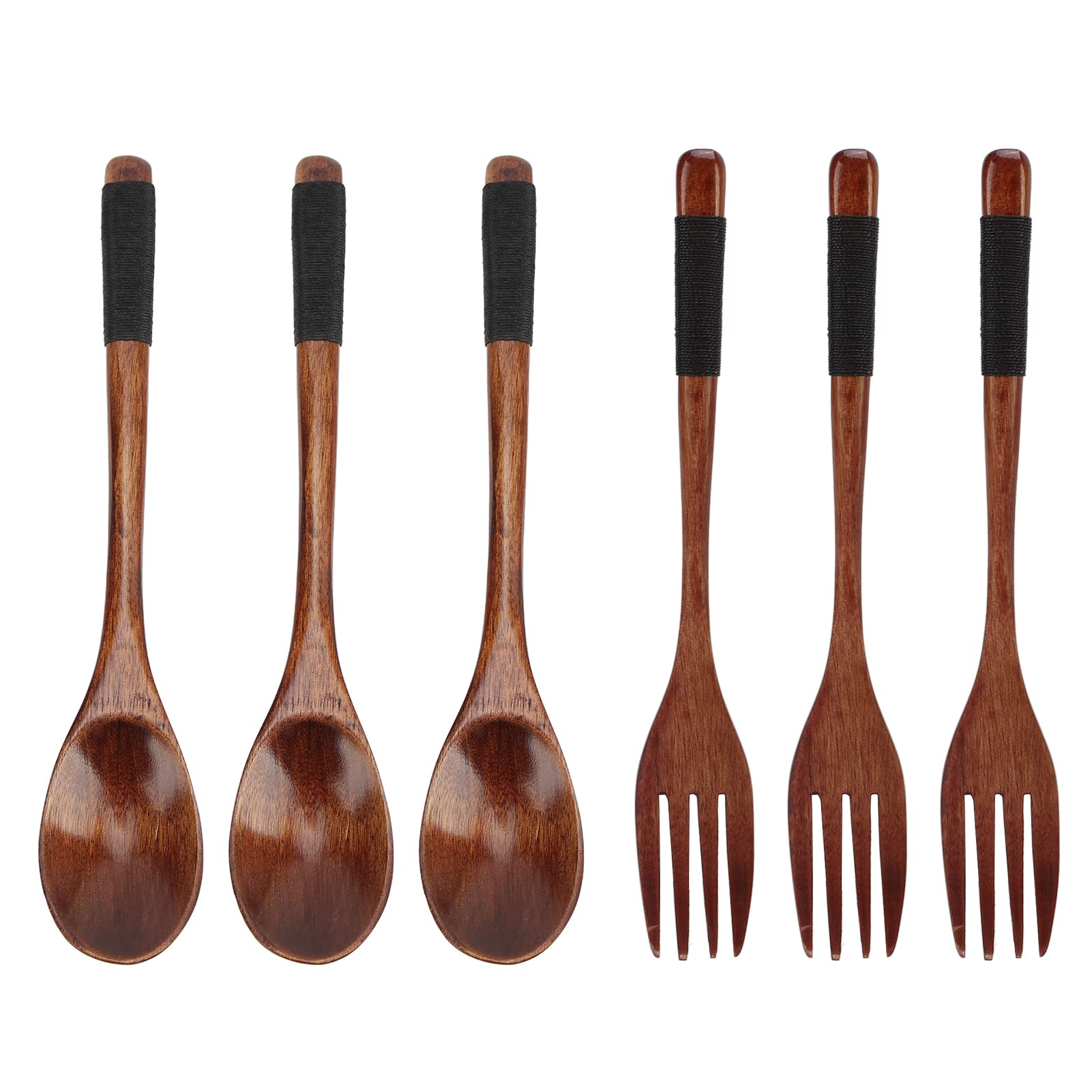 6-Piece Reusable Wooden Spoon and Fork Set - 8.9 Inch Eco-Friendly Japanese Style Cutlery for Camping, Picnics & Home Dining - Natural Wood Utensils for Sustainable Eating