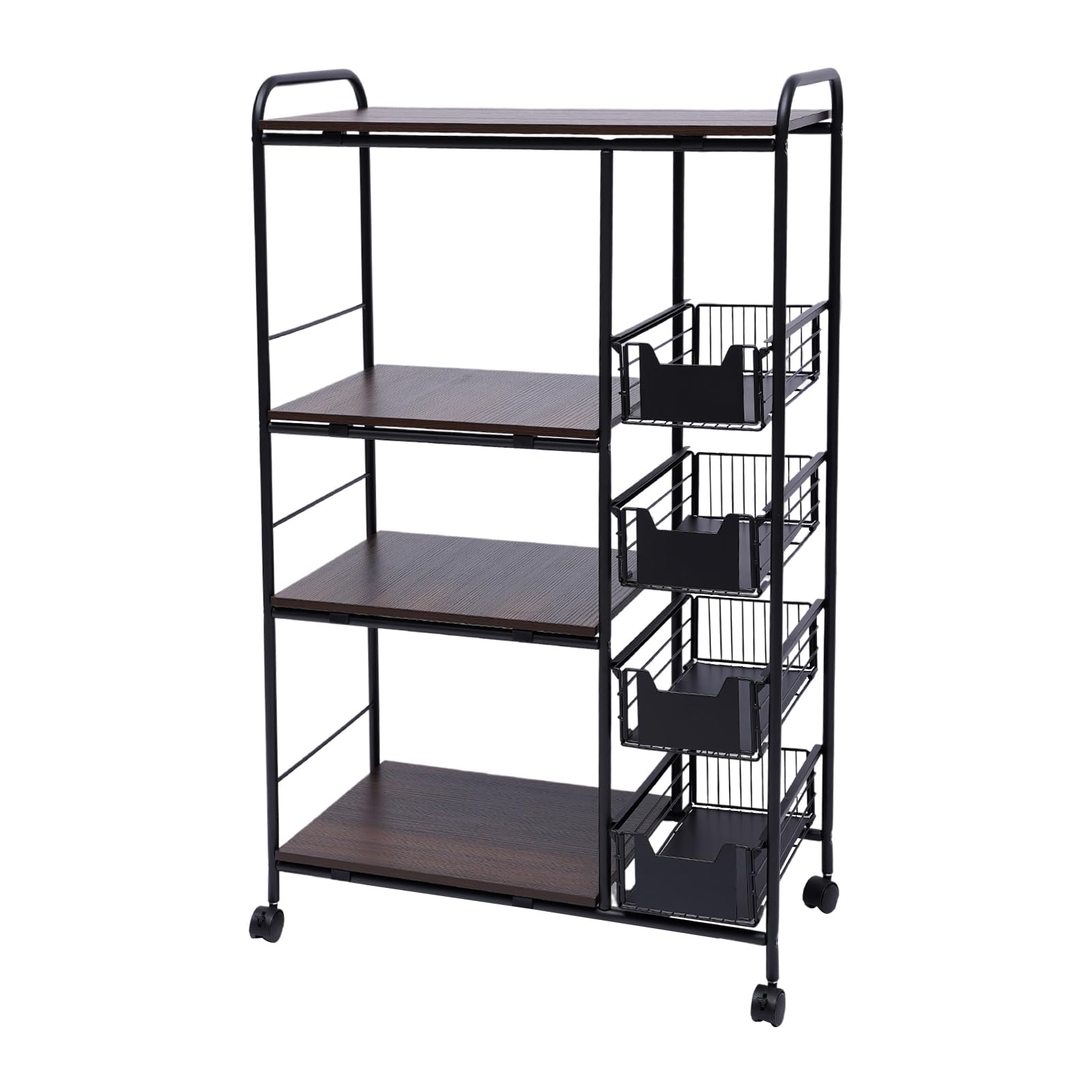 4-Tier Rolling Kitchen Storage Shelf with 4 Push-Pull Drawers & Wheels - Metal Utility Cart for Fruits, Vegetables & Home Organization - Perfect for Pantry, Supermarket & Restaurant Storage