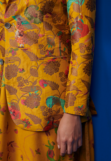 Rana Blazer - Elegant Silk Brocade Jacket in Mustard Yellow | Perfect for Office Wear, Evening Events & Special Occasions