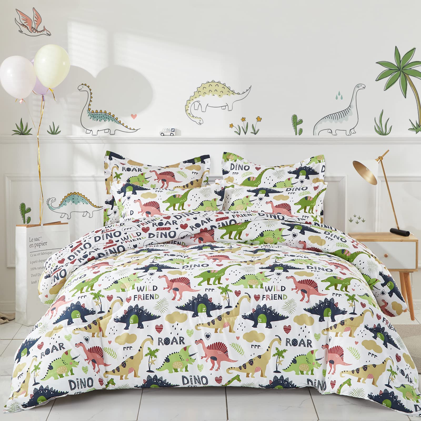 Joyreap 3-Piece Kids Dinosaur Comforter Set - Reversible White Dino Print Microfiber Bedding, Ultra Soft Lightweight All-Season Blanket for Boys (Full/Queen 90x90 Inches) - Perfect for Bedroom, Nursery & Sleepovers