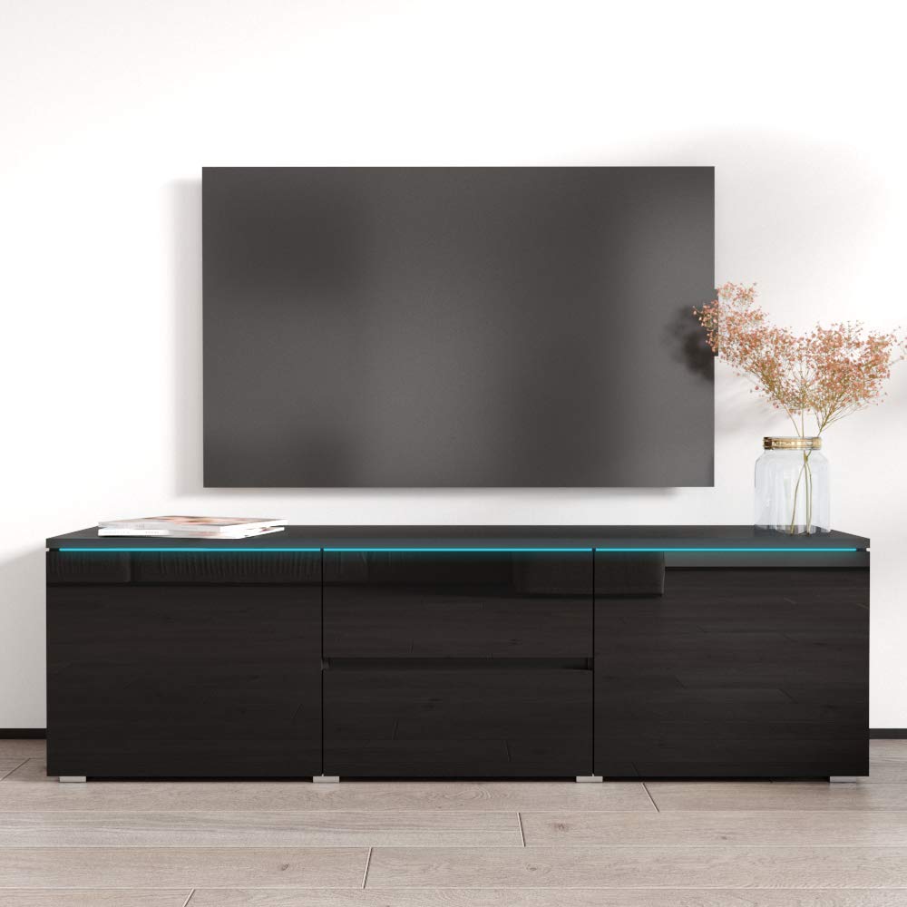Modern Black Rectangular TV Stand with Storage Cabinets & LED Lights - Freestanding Media Console for TVs Up to 63