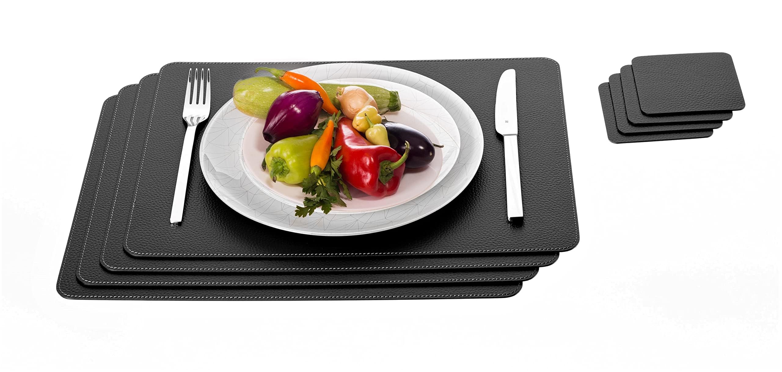 Eco-Friendly Black Recycled Leather Placemats and Coasters Set - 4 Table Mats (18