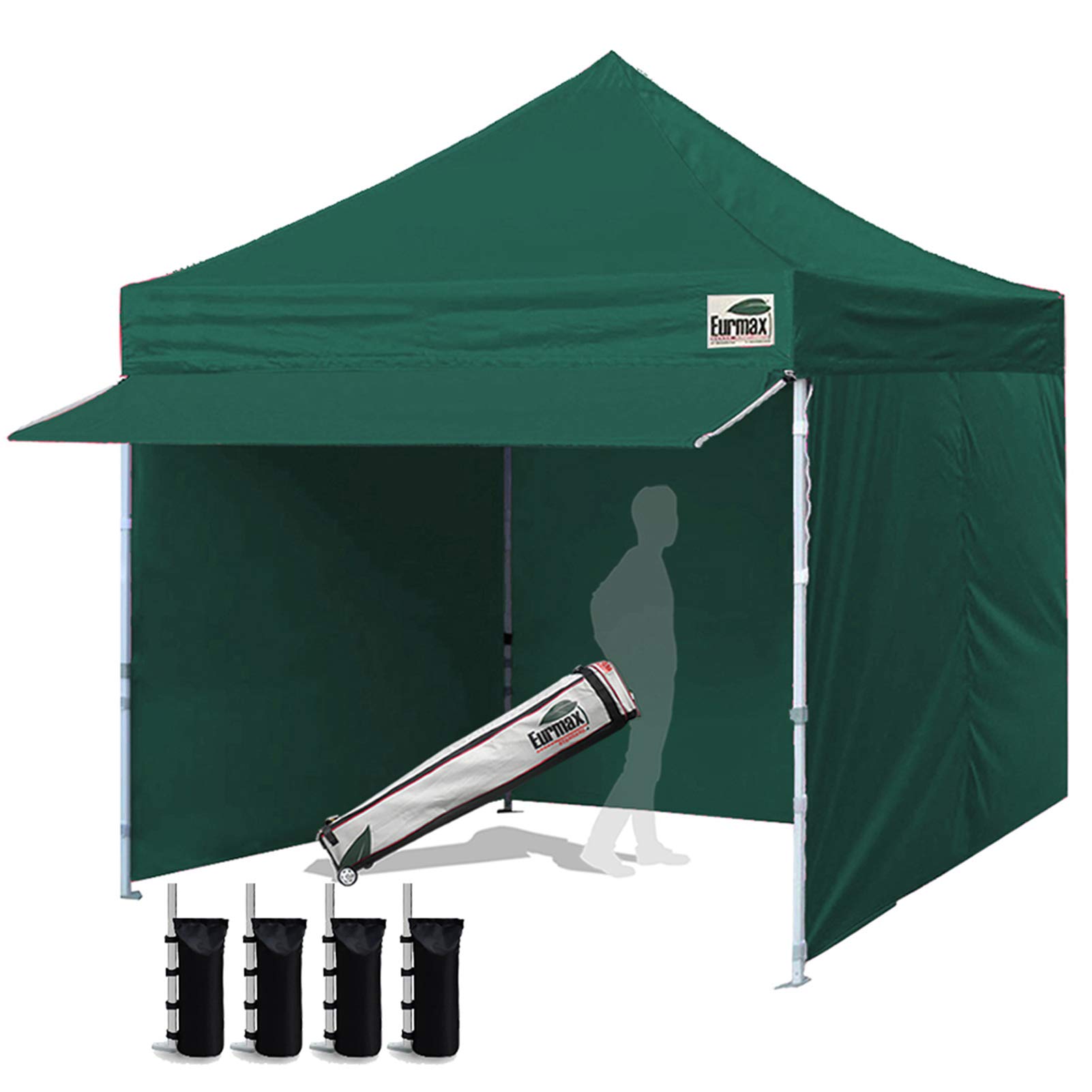 Eurmax USA 10x10 FT Commercial Pop Up Canopy Tent with 4 Removable Zippered Sidewalls - Heavy Duty Outdoor Party Canopy with Roller Bag, 4 Sand Bags & 24 Sq Ft Extended Awning (Forest Green) - Perfect for Backyard BBQs, Farmers Markets, Beach Parties & Outdoor Events