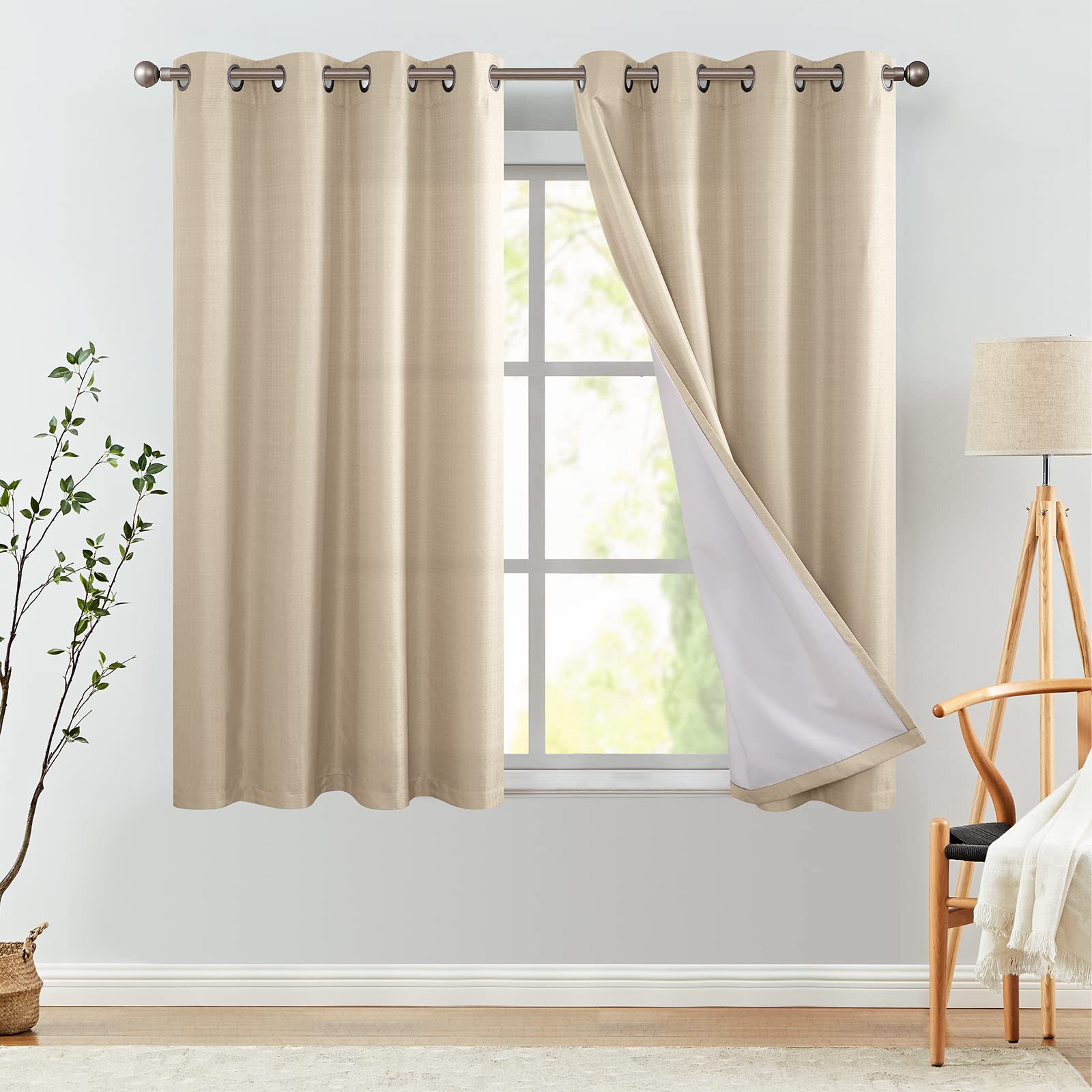 Jinchan 100% Blackout Curtains - 63 Inch Thermal Insulated Grommet Curtain Panel in Beige for Bedroom & Living Room | Light Blocking, Energy Saving & Noise Reducing Window Treatments for Better Sleep & Privacy
