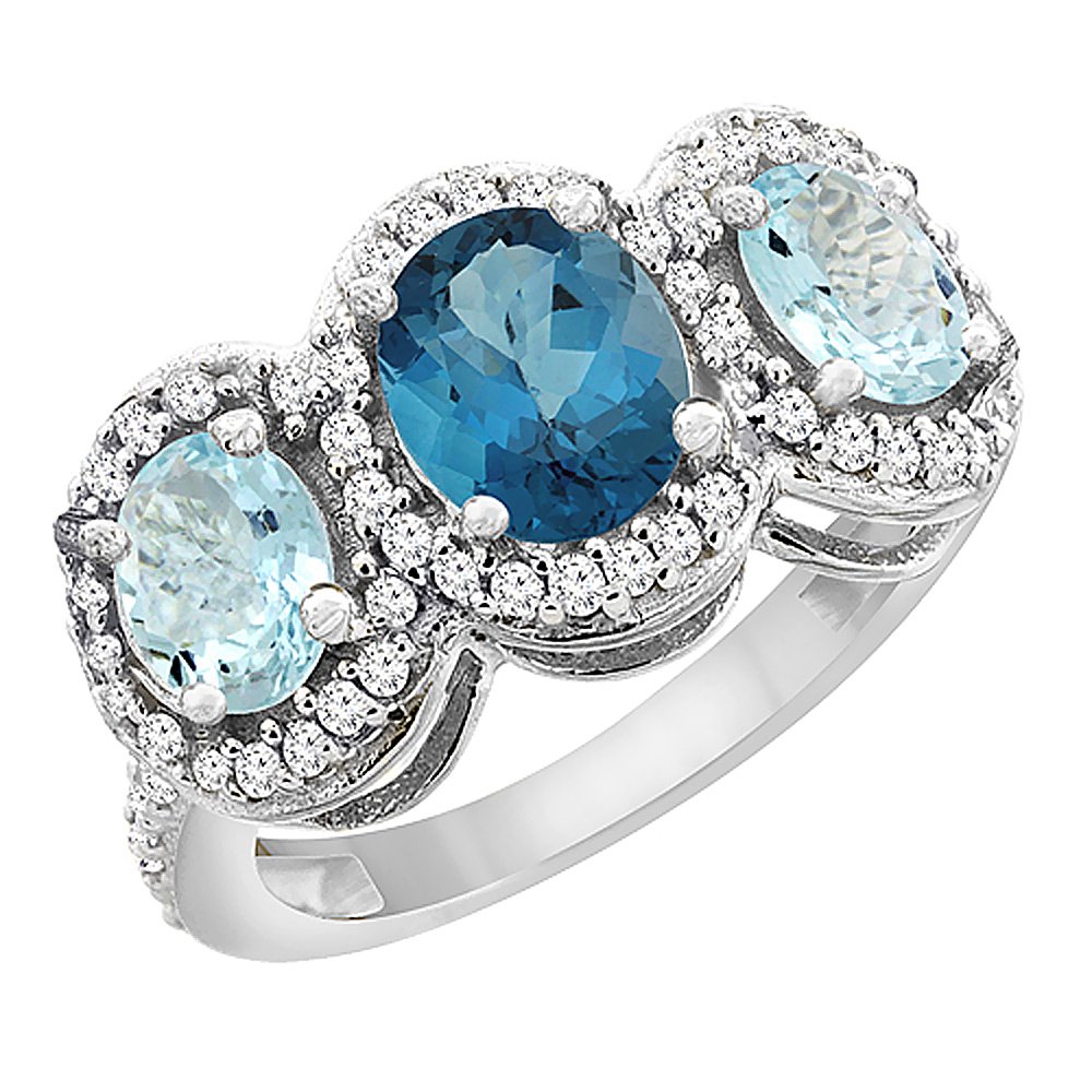 14K White Gold Natural London Blue Topaz & Aquamarine 3-Stone Ring with Oval Diamond Accent - Size 5-10 | Elegant Birthstone Jewelry for Women, Perfect for Anniversaries, Engagements & Special Occasions