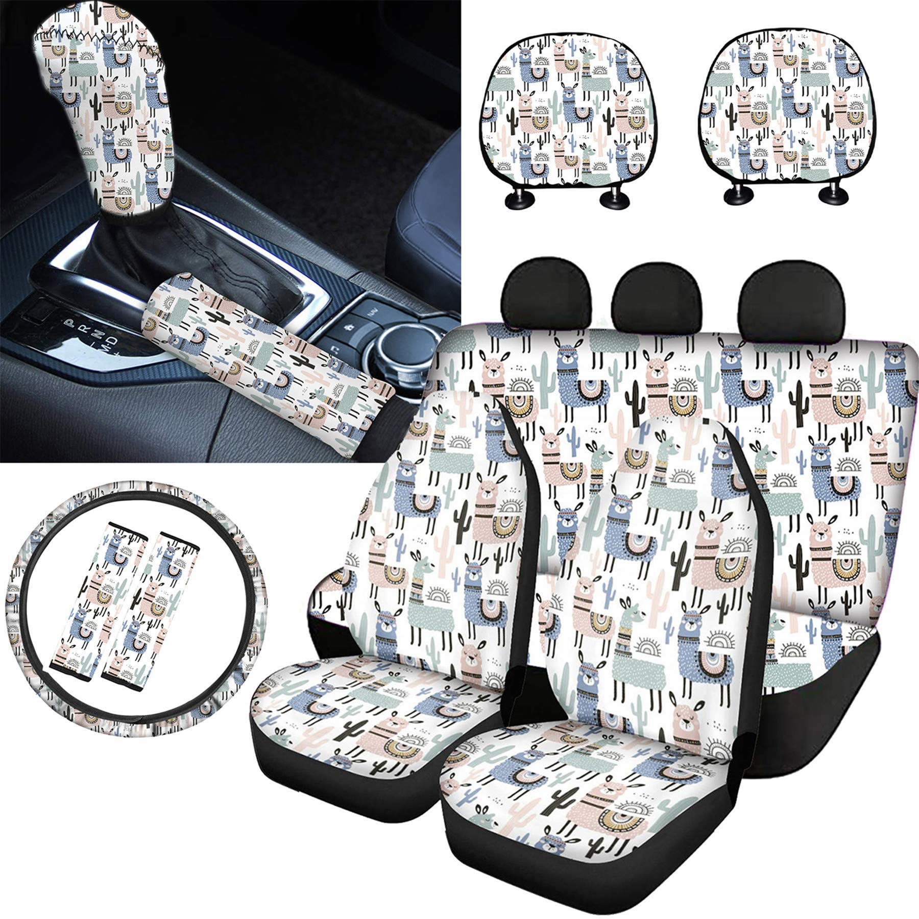 **Cozeyat Cartoon Alpaca Design Universal Car Seat Covers Full Set of 4 - Steering Wheel Pad, Hand Brake Mats, Belt Pads & Headrest Cushion - Soft & Durable Auto Interior Accessories for Cars, SUVs & Trucks (Perfect for Gifts, Travel & Daily Commute)**