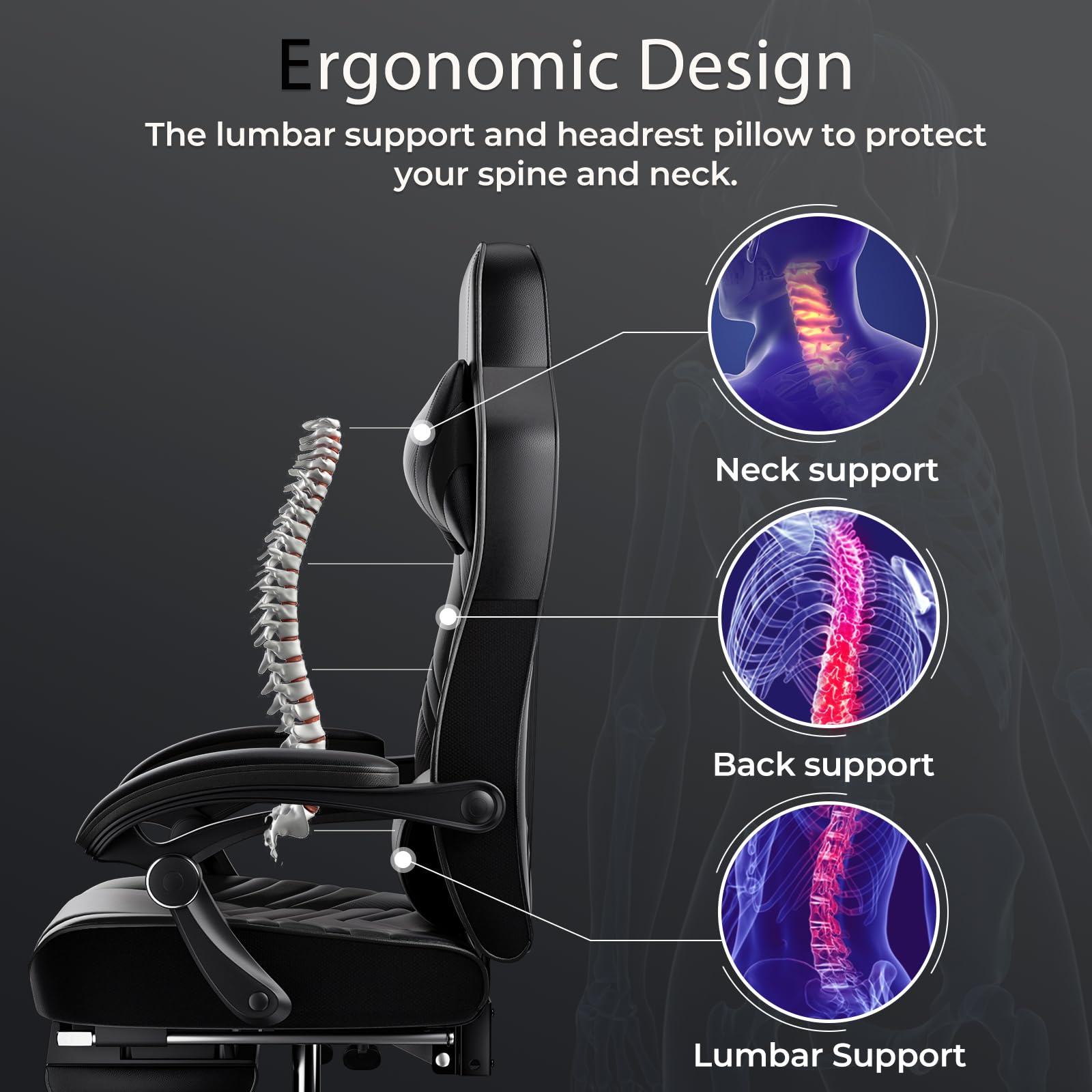 POWERSTONE Ergonomic Gaming Chair - Adjustable Racing Style PU Leather Computer Chair with Lumbar Support & Footrest - Black - Perfect for Esports, Office Work & Home Gaming Setup