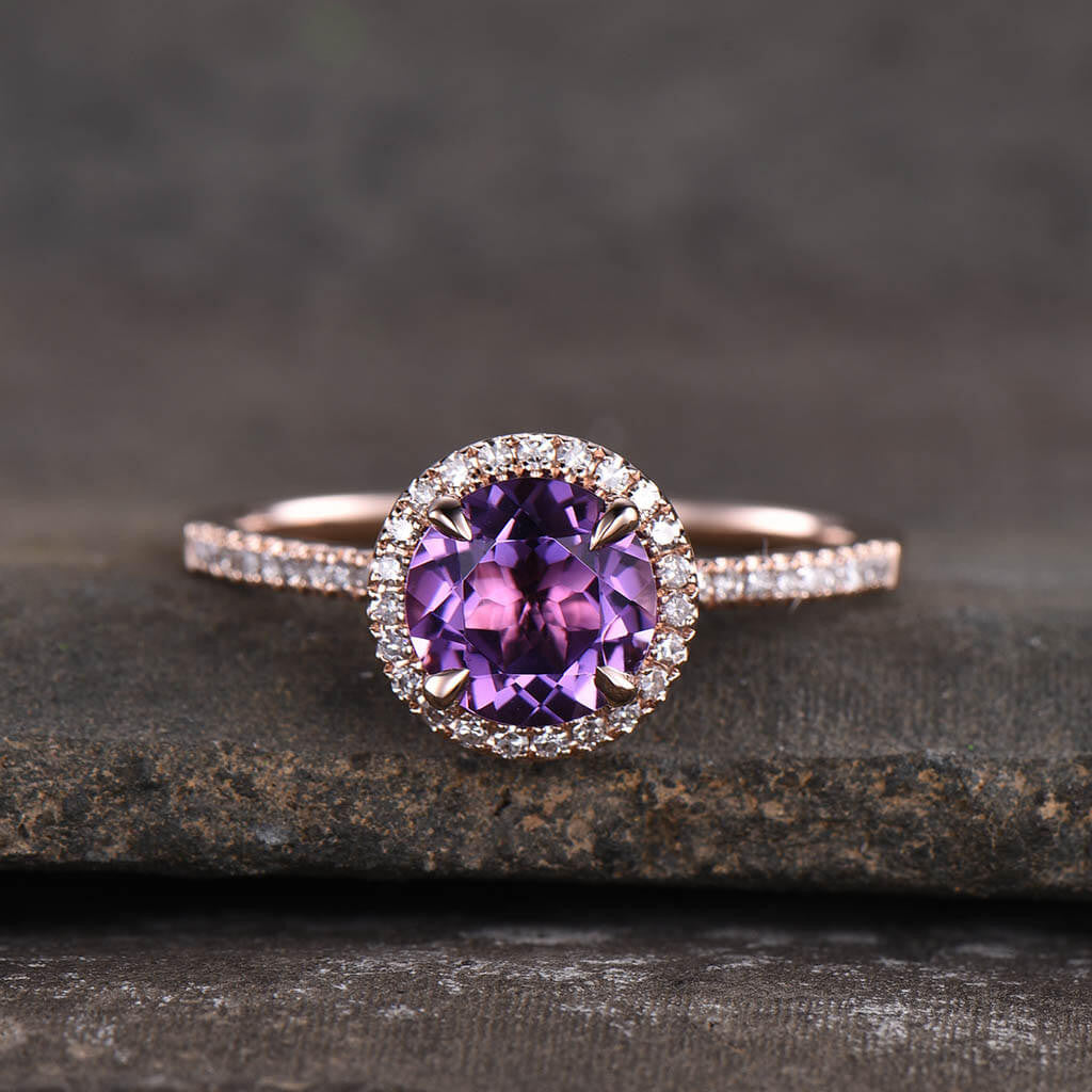 7mm Natural Round Cut Amethyst Engagement Ring - 14K Rose Gold Halo Prong Setting with Diamond Accents | Perfect for Weddings, Anniversaries & Romantic Proposals