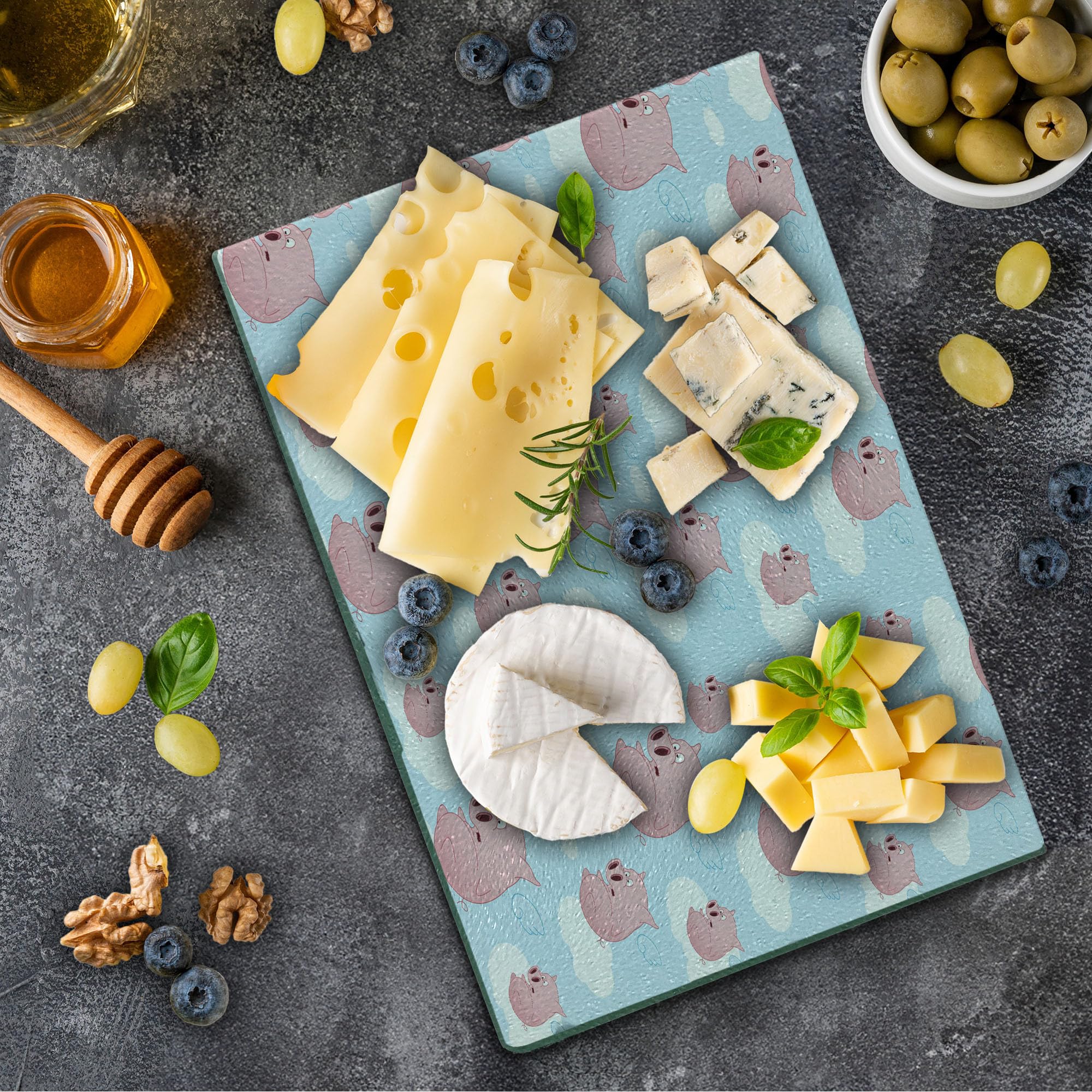 Lunarable Pig Themed Cutting Board - Cartoon Style Flying Pigs with Clouds Design - Durable Tempered Glass Serving Board (Small Size, Pale Blue/White/Pink) - Perfect for Kitchen Decor, Cheese Platters & Gift Giving