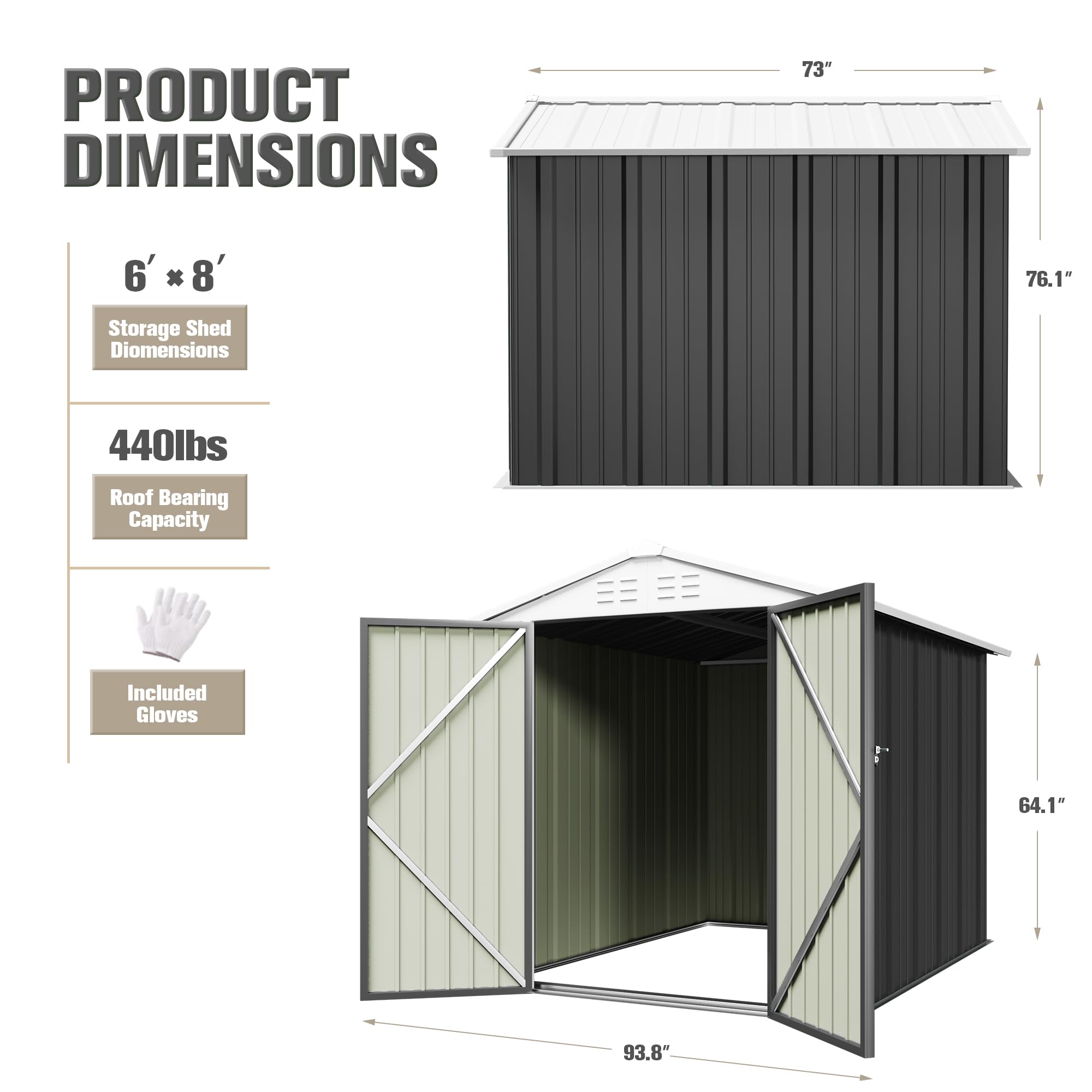 JUMMICO 6x8 FT Metal Outdoor Storage Shed - Lockable Waterproof Garden Tool Shed for Backyard, Patio & Lawn - Heavy Duty Grey Steel Utility Shed (Perfect for Storing Lawn Mowers, Bikes & Outdoor Equipment)