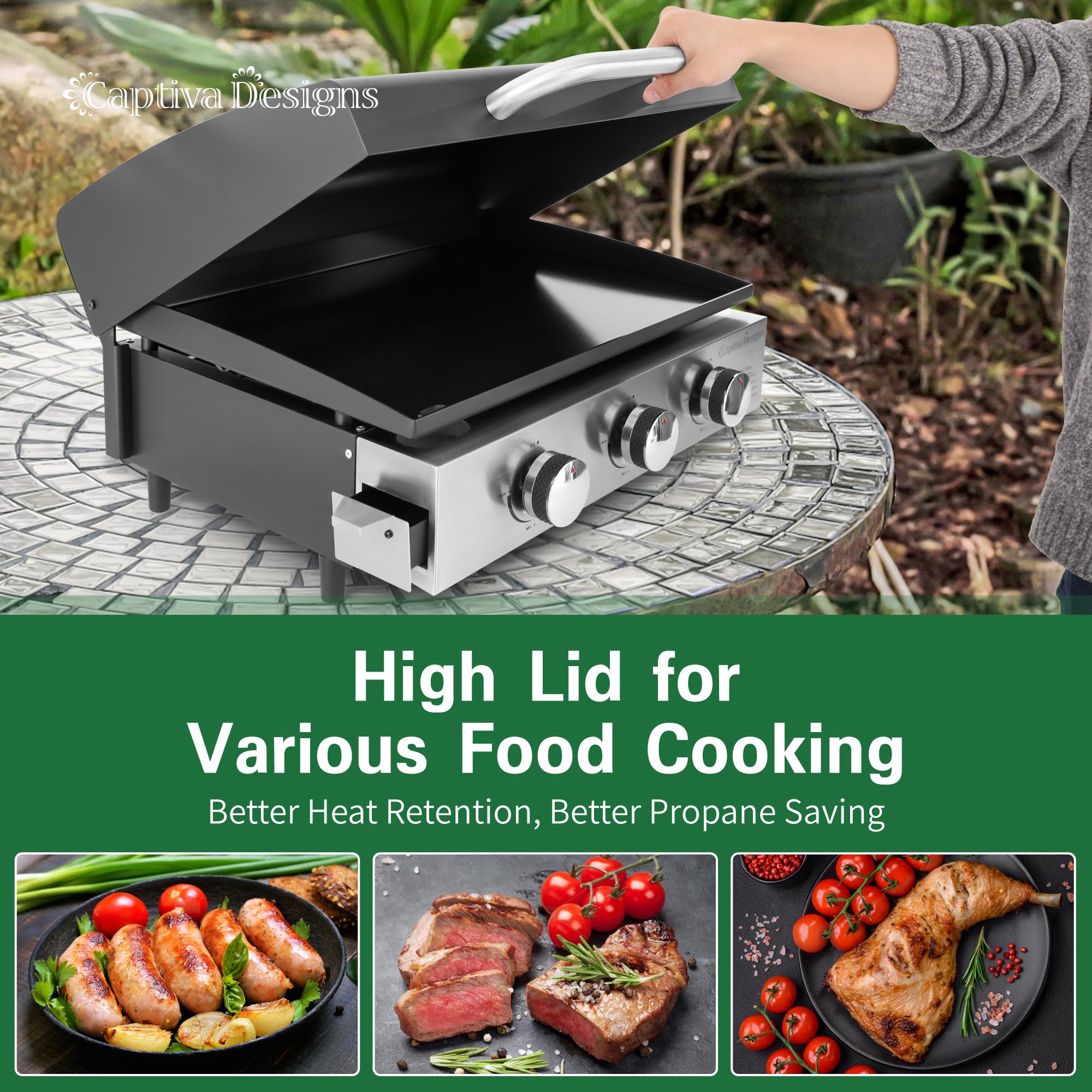 Captiva Designs 22 Inch Flat Top Grill with Ceramic Coated Cast Iron Pan - Portable Tabletop Propane Gas Griddle for Camping, Tailgating, Backyard BBQ & Outdoor Cooking - 24,000 BTU 3-Burner Gas Grill for Patio, Picnics & RV Trips