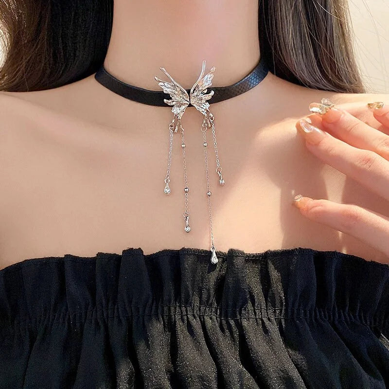 Elegant Black Leather Butterfly Tassel Choker Necklace for Women | Gothic Punk Fashion Accessory | Perfect for Parties, Concerts & Date Nights | HN3540