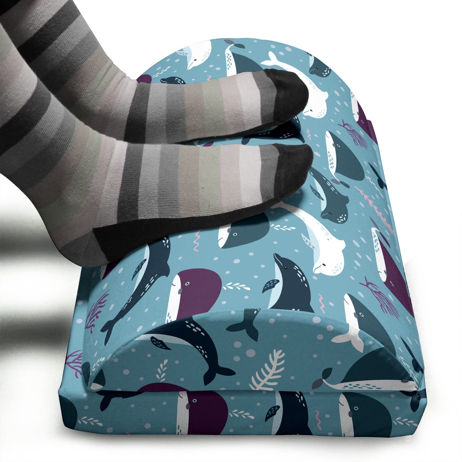 Ambesonne Nautical Memory Foam Foot Rest - Ergonomic Adjustable Leg Support with Non-Slip Backing, Underwater World Design Featuring Whales, Dolphins & Coral Reefs in Sea Blue - Perfect for Office, Home & Gaming Chairs (Multicolor)