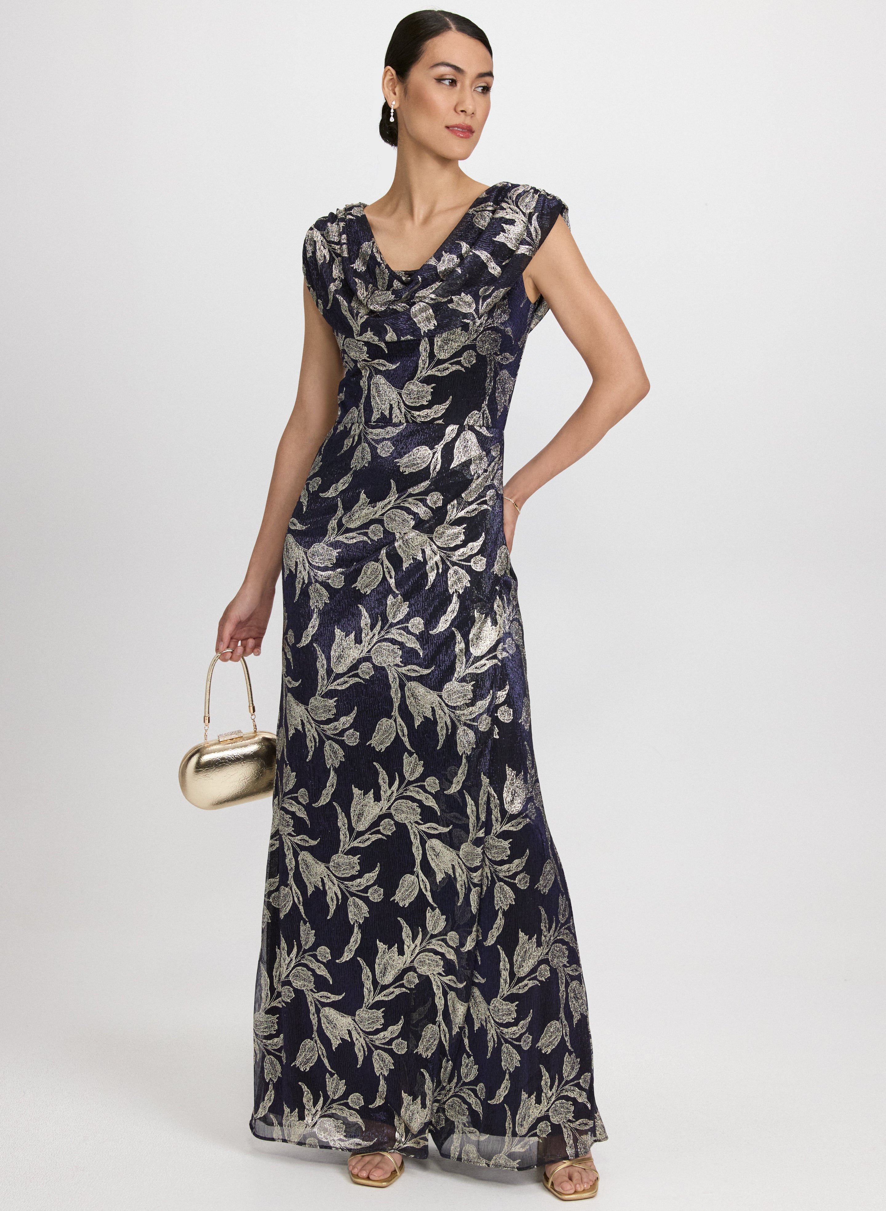 Floral Cowl Neck Dress for Women - Elegant Long Sleeve Flowy Midi Dress for Party, Wedding & Special Occasions