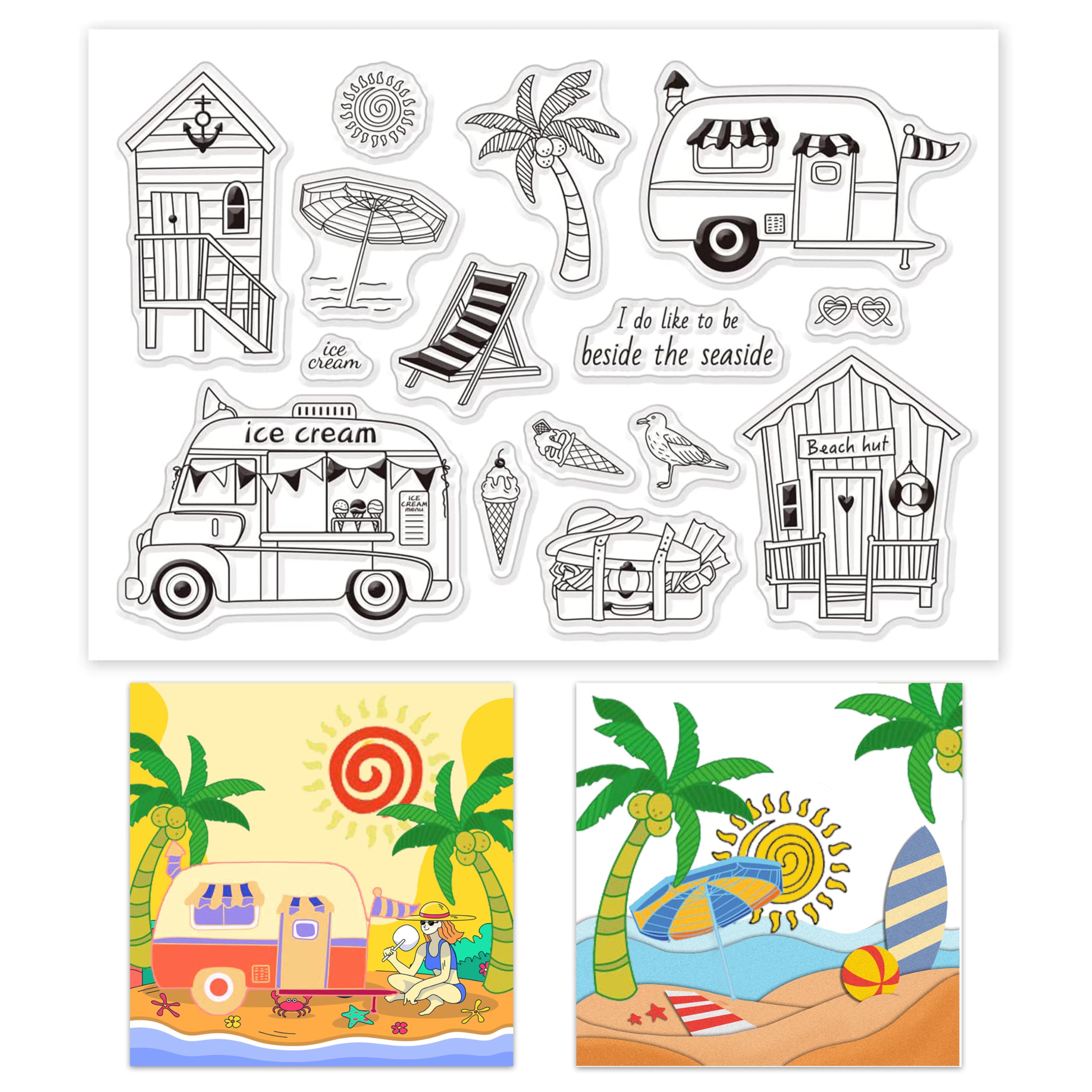 GLOBLELAND Clear Silicone Stamps - Ice Cream Cart & Beach Summer Designs for DIY Scrapbooking, Card Making, Photo Albums | Perfect for Birthday Cards, Valentine's Day Crafts, and Paper Decoration Projects | Use for Handmade Greetings, Memory Books, and Creative Journaling