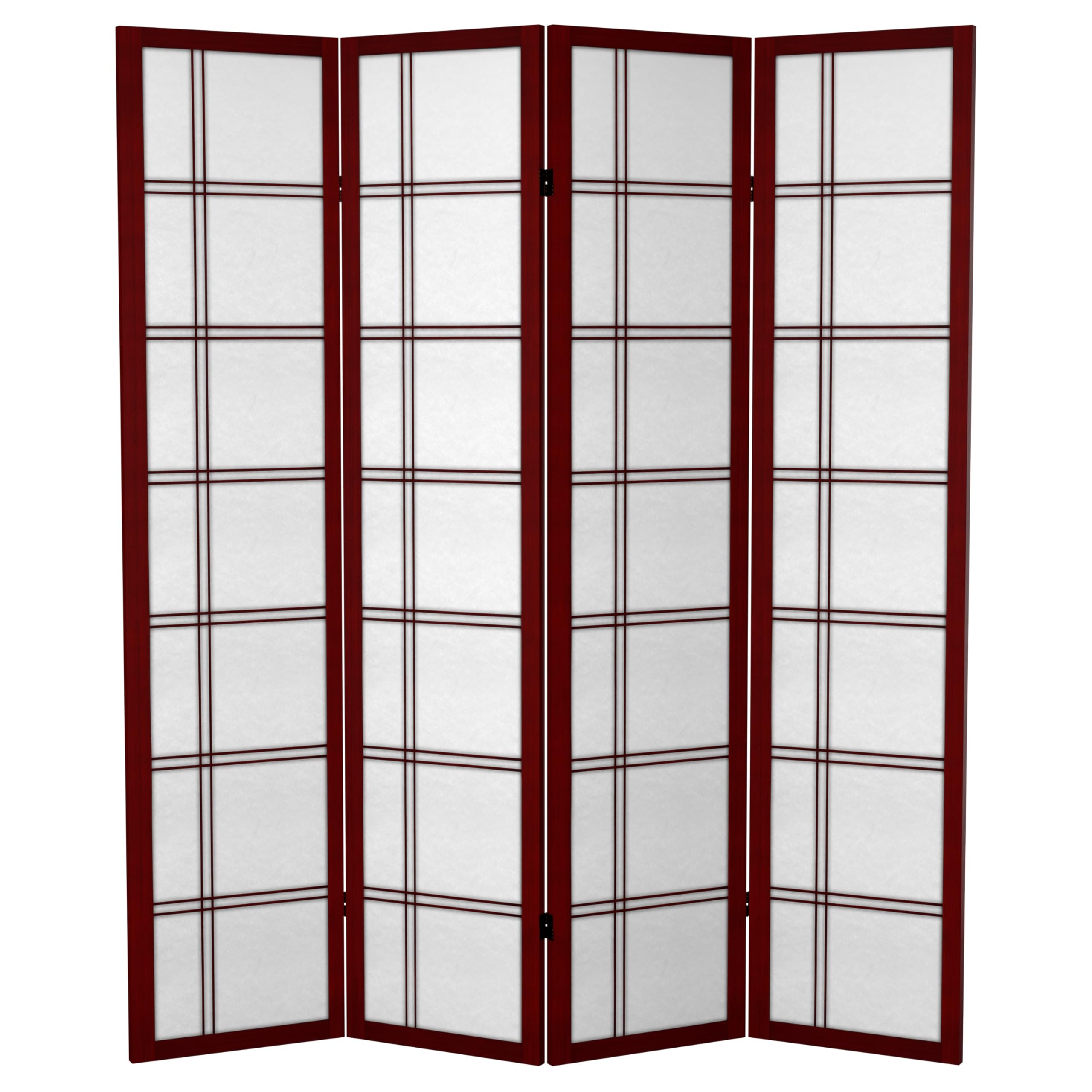 6 ft. Tall Red Lantern Canvas Double Cross Room Divider - Rosewood - 4 Panel Folding Screen for Living Room, Bedroom & Office Privacy Partition