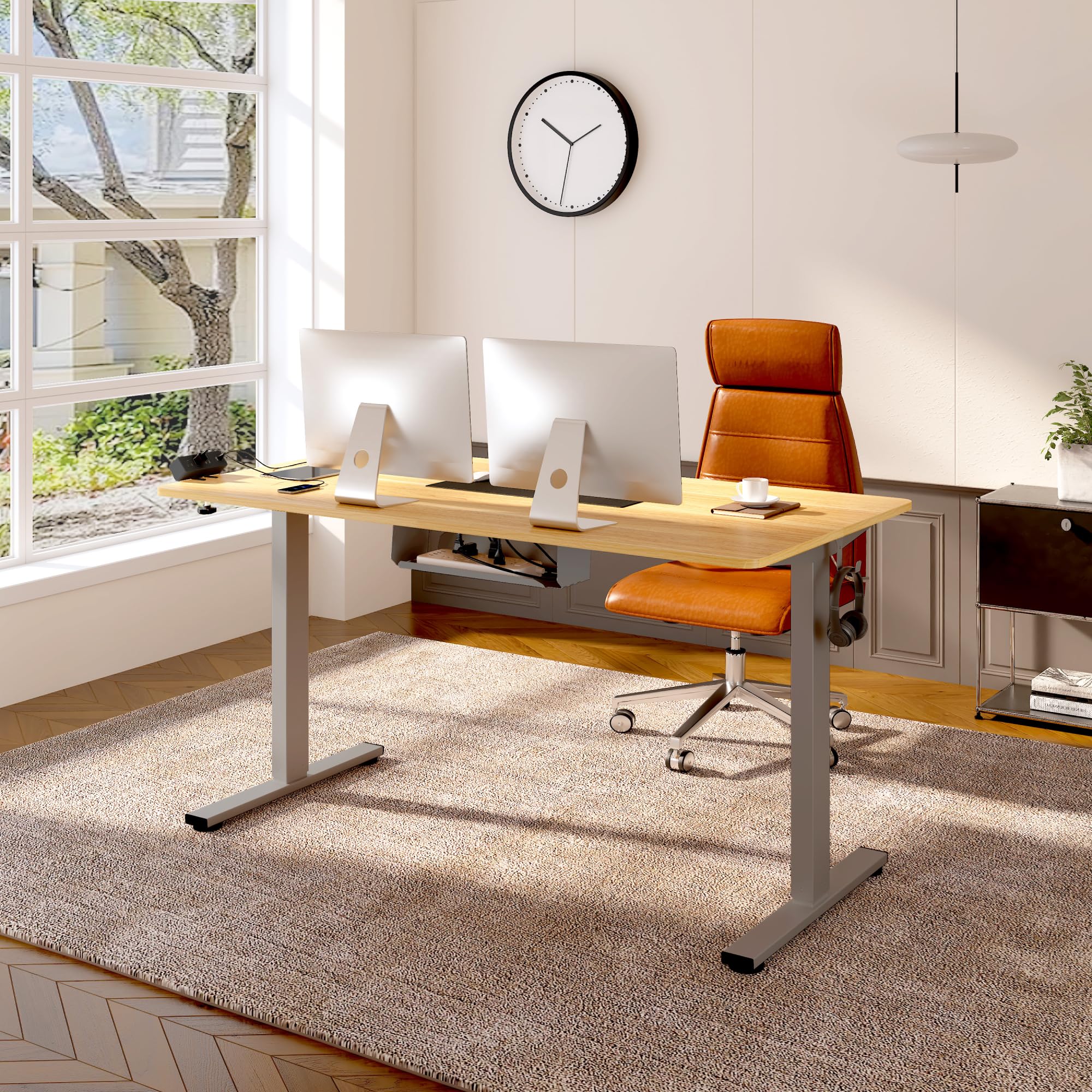 FLEXISPOT EN2 Electric Height Adjustable Standing Desk 55 x 28 Inches - Whole-Piece Design with Clamp Power Strip & Cable Management (Gray Frame + Maple Top) - Perfect for Home Office, Gaming Setup & Workspace Ergonomics